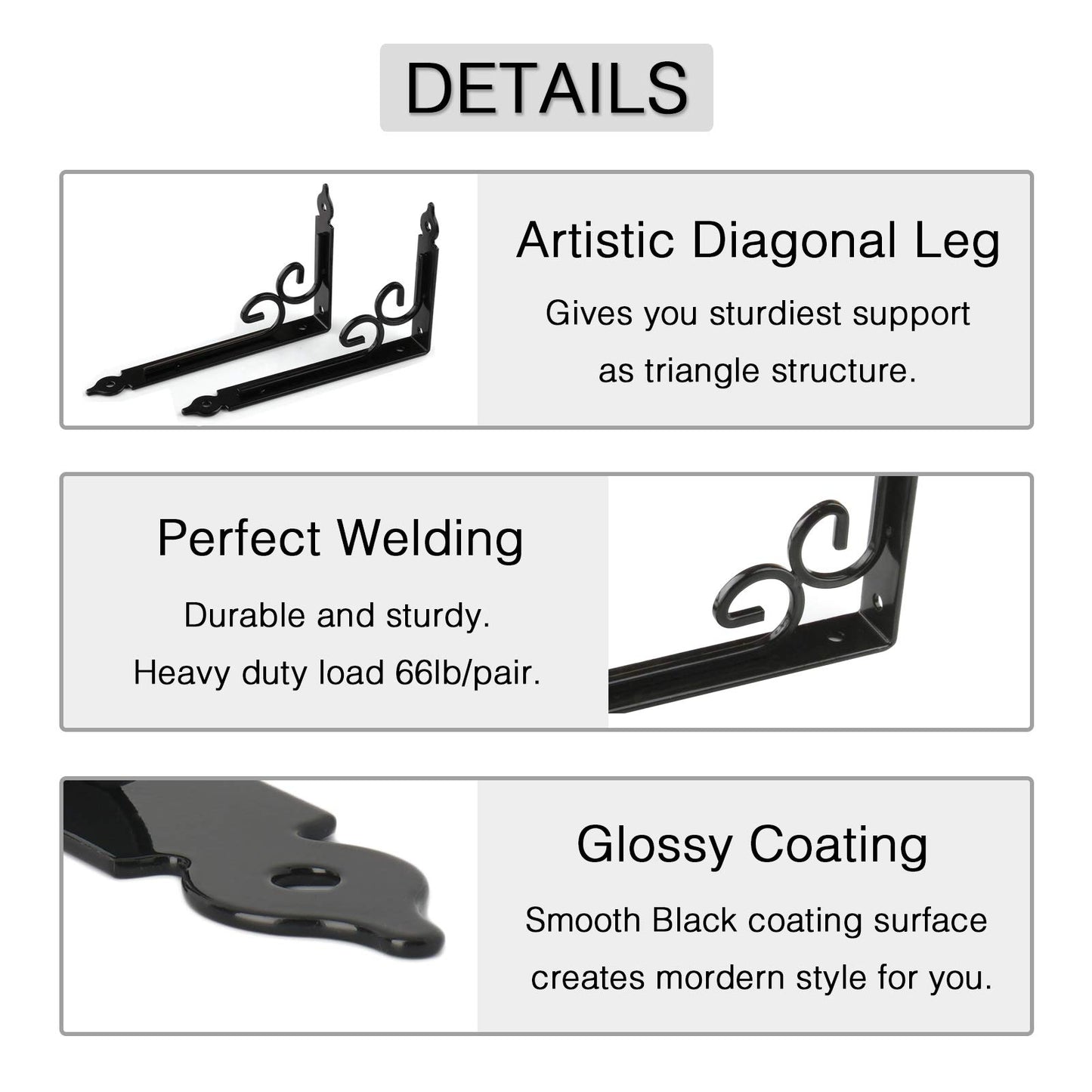 OVOV Shelf Brackets 4 Pcs Heavy Duty Decorative 8 Inch Black Right Angle Shelving Brackets Wall Mounted Shelf Supports for DIY Home Kitchen Living Room
