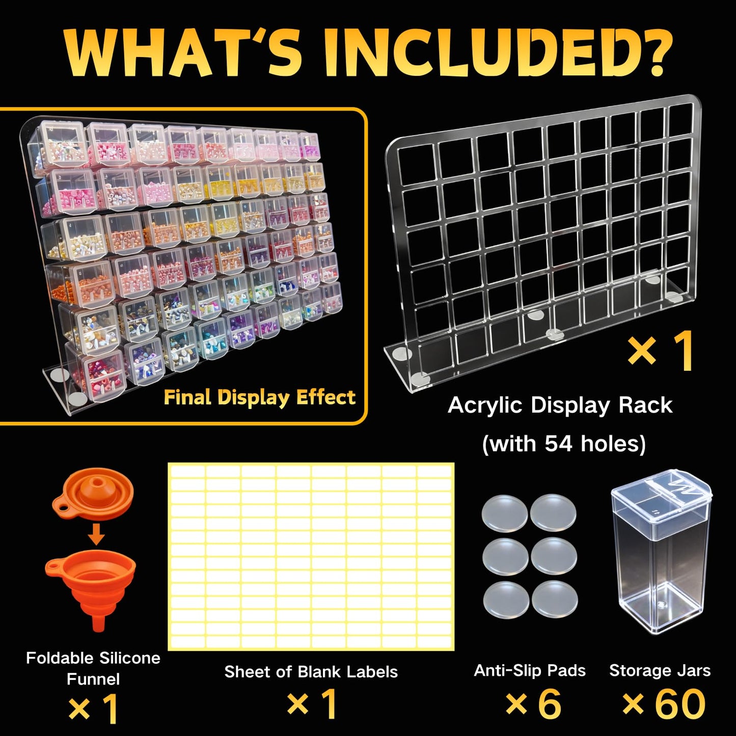 54-Jar Diamond Painting Storage Rack, Diamond Art Storage Containers with 75° Slanted Display, Funnel, Labels, Anti-Slip Pads, for Bead Storage, Jewelry, DIY Crafts, Thick Acrylic Tidy Desk Organizer