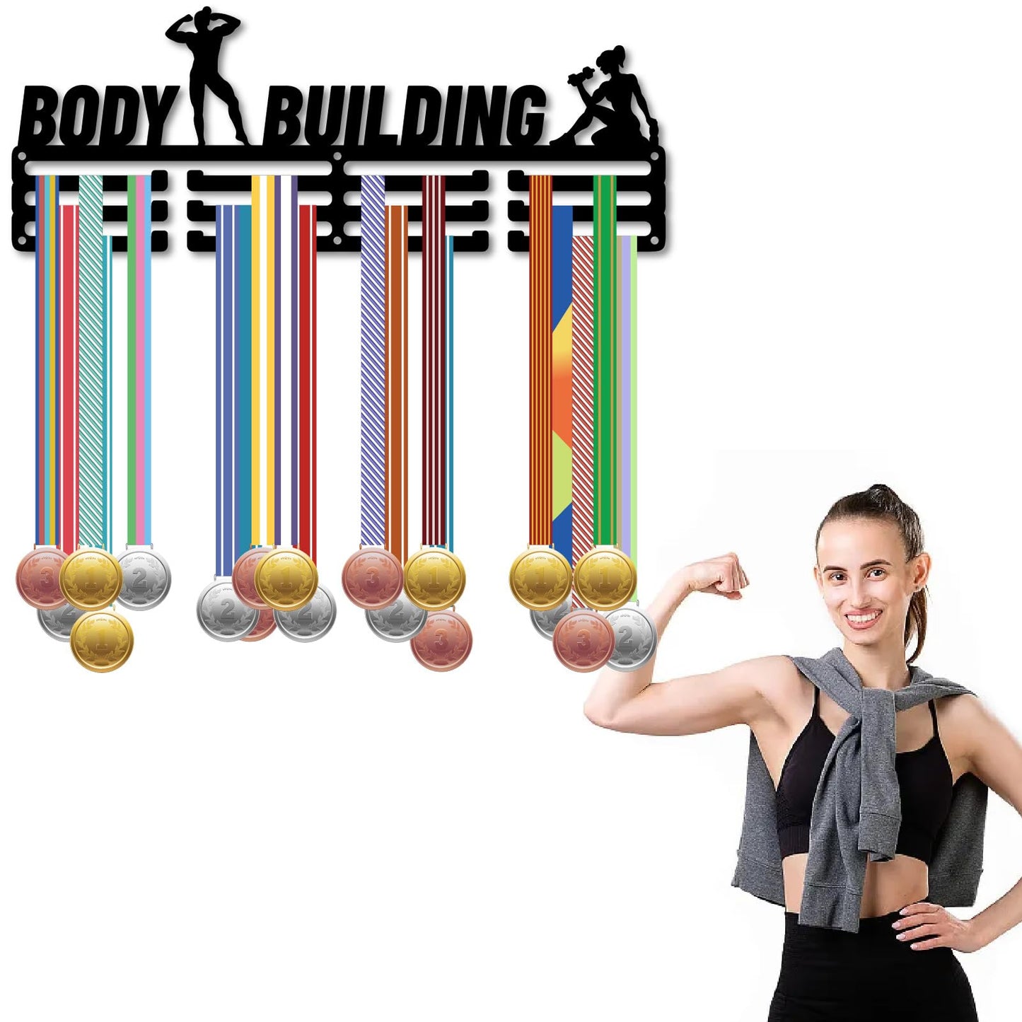 CREATCABIN Body Building Medal Holder Bodybuilding Medal Hanger Display Sports Ribbons Organizer Metal Black Rack Frame Shelf Wall Hanging Over 60+ Medals for Player Athlete Medalists 15.7 x 5.9 Inch