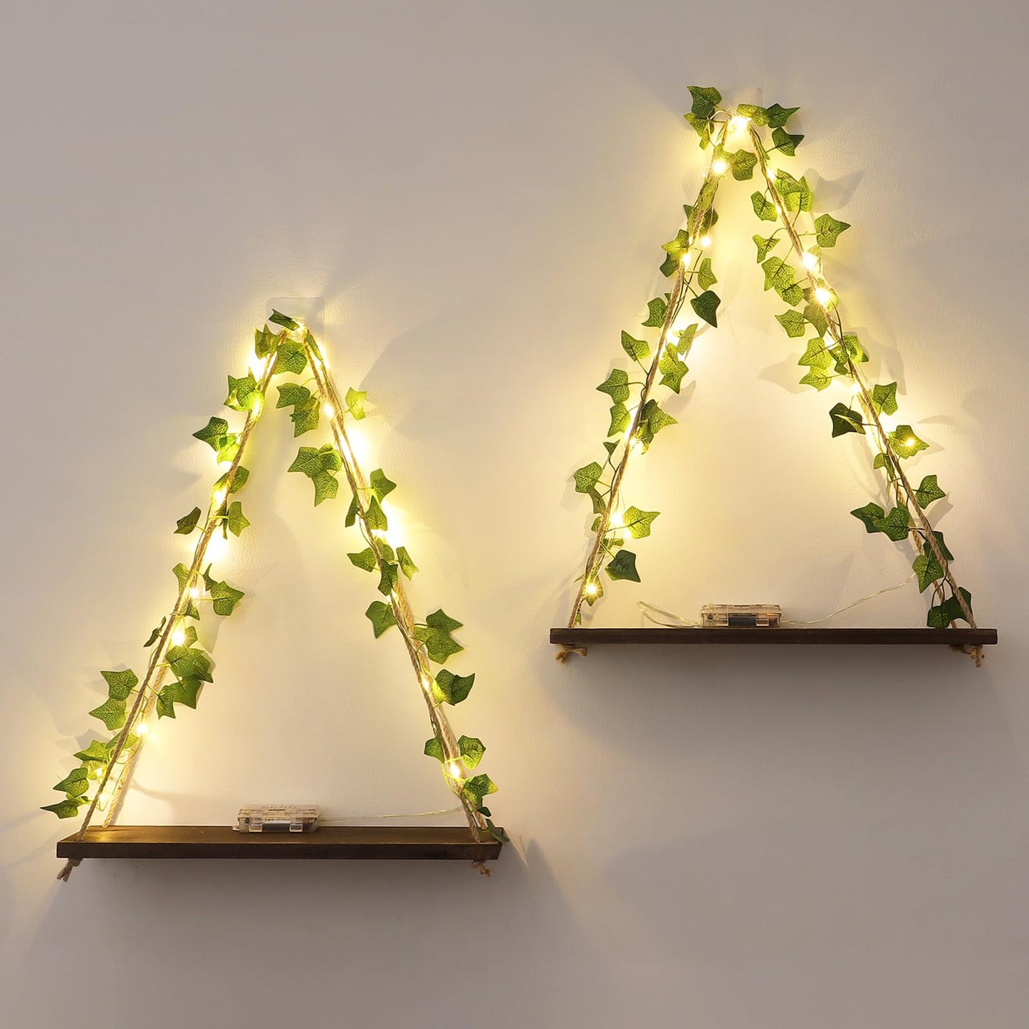 JOLAIQIAN Floating Shelves for Wall, Hanging Shelves with Artificial Ivy LED String Light, No Drilling Hanging Shelf, Wood Hanging Plant Shelves for Wall Décor, Boho Decor, Art Bedroom, Set of 2