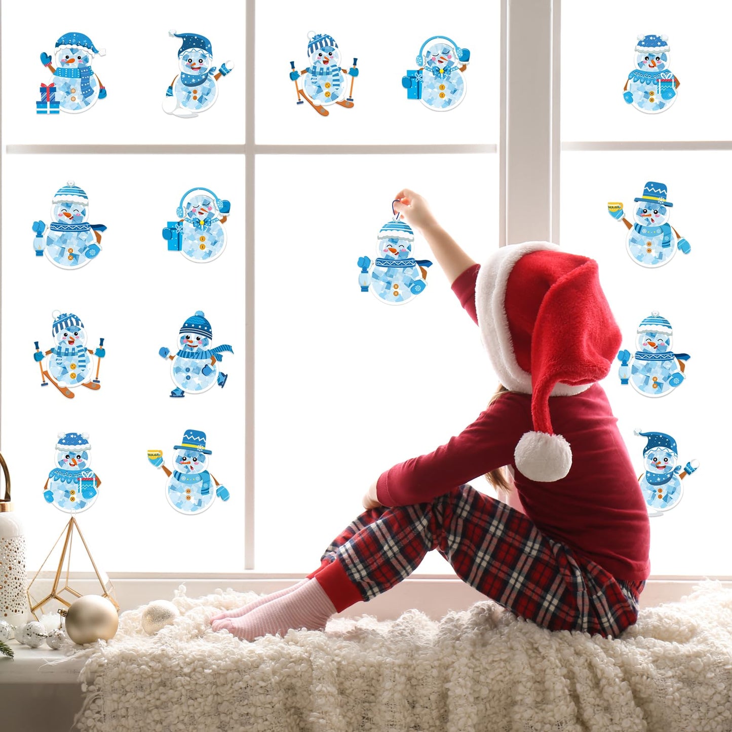 Renbuzhu 42PCS Winter Crafts Bulk: Snowman Paper Suncatchers DIY Kit for Christmas Holiday Activities Decorations, Window Stained Glass Effect Art Ornaments
