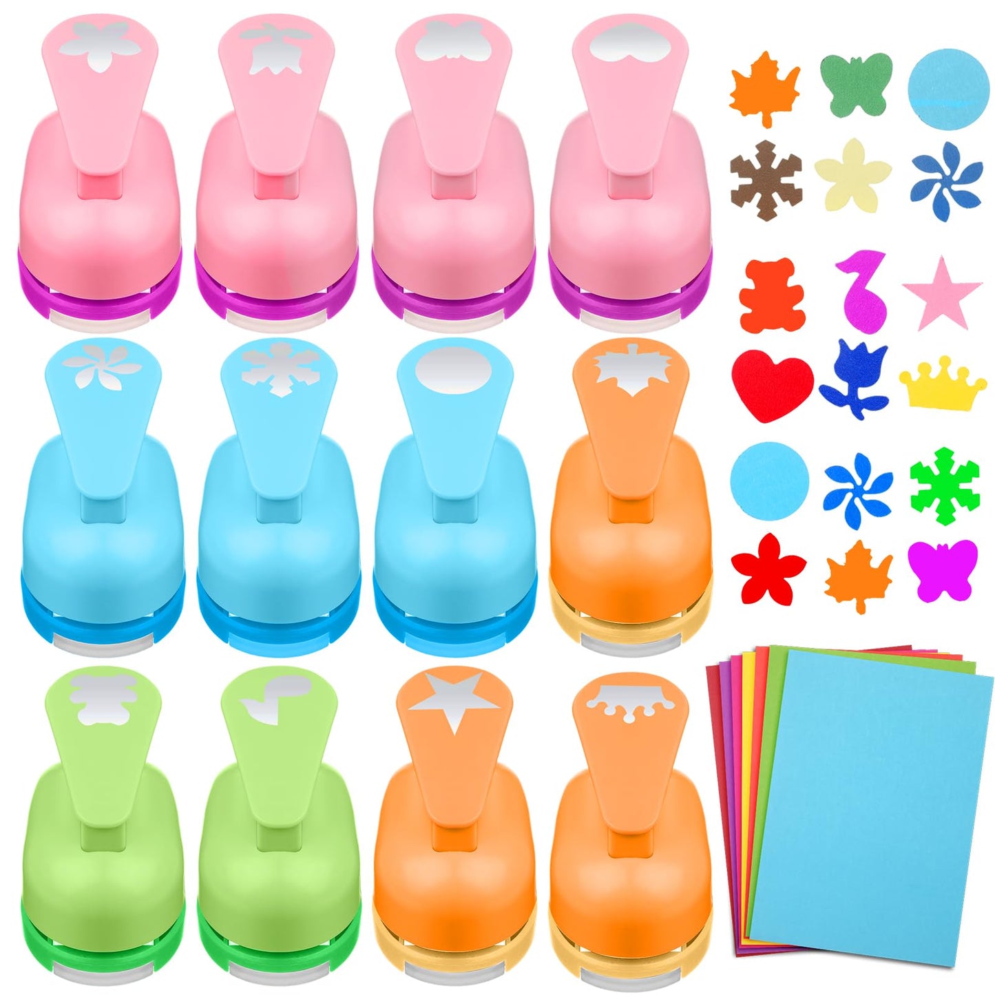 Motipuns 12 Pcs Craft Holes Punch Paper Punchers Scrapbook Punches with Craft Sticker Paper, Round, Maple Leaf, Star, Heart, Bear, Snowflake, Flower, Butterfly Shape, 1 Inch, 12 Shapes