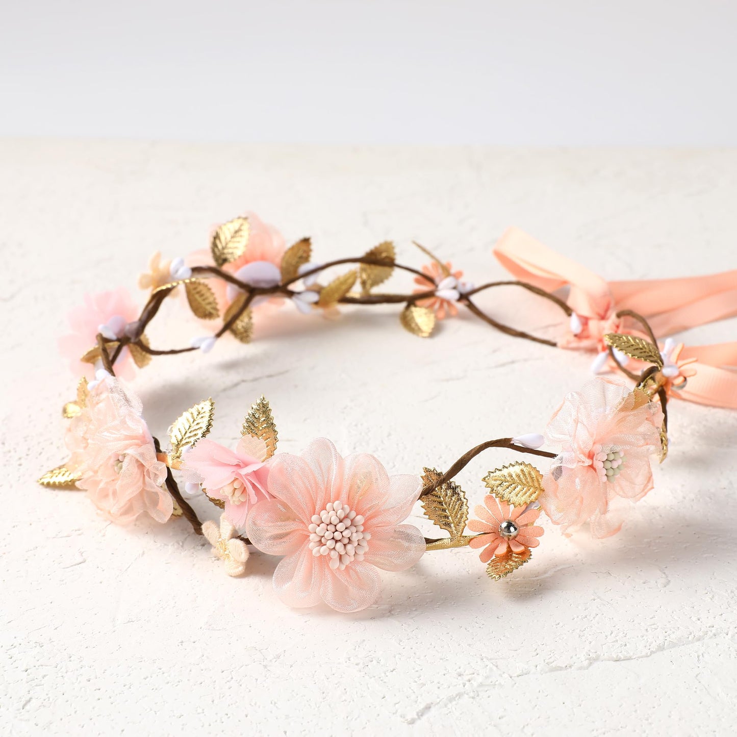 KorViSHOW Pink Flower Crown Headband - Floral Headband for Women Floral Girl Headpiece Fairy Flower Renaissance Hair Accessory for Girls Women Birthday Wedding Party Photo Props