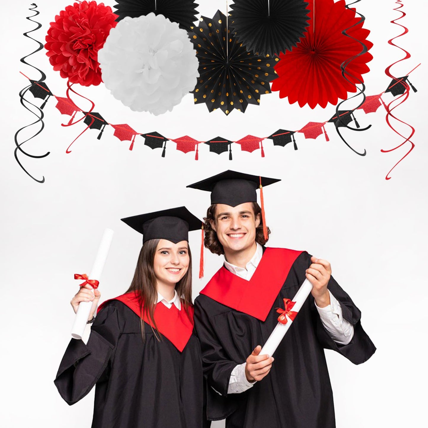 Red-Black White Party-Decorations Graduation Banner-Streamers - 18pcs Kits 2026 Congrate Grad Garland,Congratulations Paper Tissue Pom Poms Fan,Honeycomb Lanterns Decor Panduola