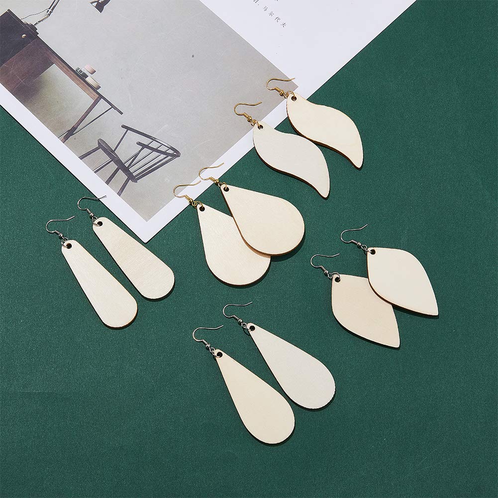 SUNNYCLUE 300Pcs 5 Shapes Unfinished Wooden Earrings Blanks Kit Unfinished Wood Large Charms Pendants Blank with Hole with 100Pcs Earring Hooks 100Pcs Jump Rings for DIY Jewelry Making Birthday Gifts