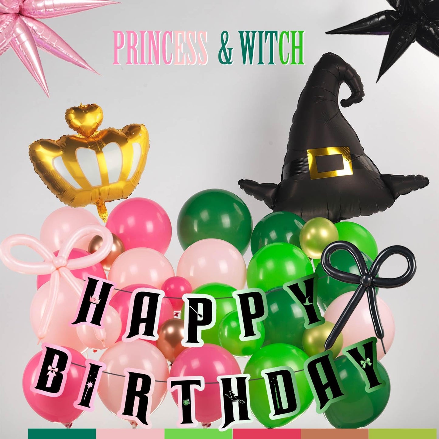 Green and Pink Balloon Garland Arch Kit, 120pcs with wizard hat star crown mylar balloon and Fringe Curtain Banner for Musical Theatre Witch Themed Birthday Baby Shower Decoration