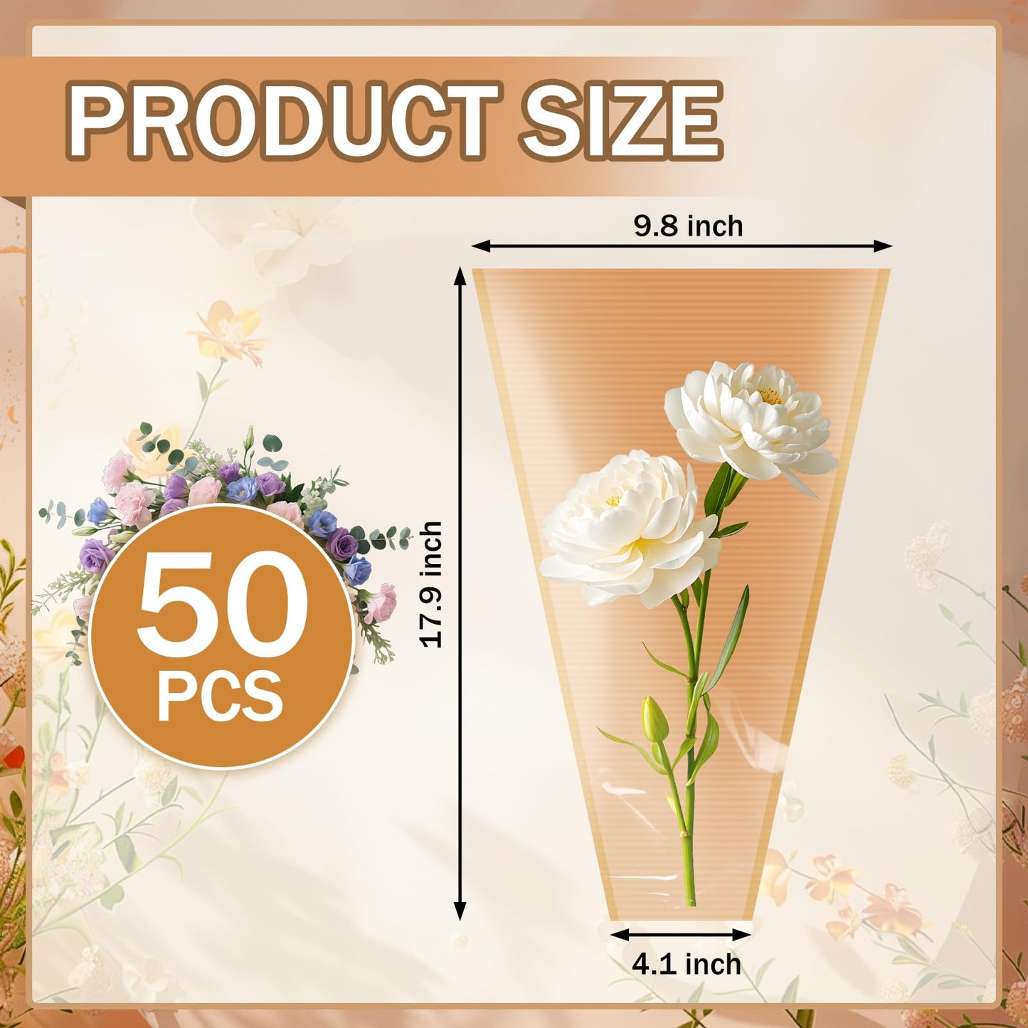 XABMU Flower Bouquet Bags - 50 Pack Kraft & Clear Floral Wrapping Sleeves for Wedding, Graduation, Mother’s Day Gifting & Florist Supplies