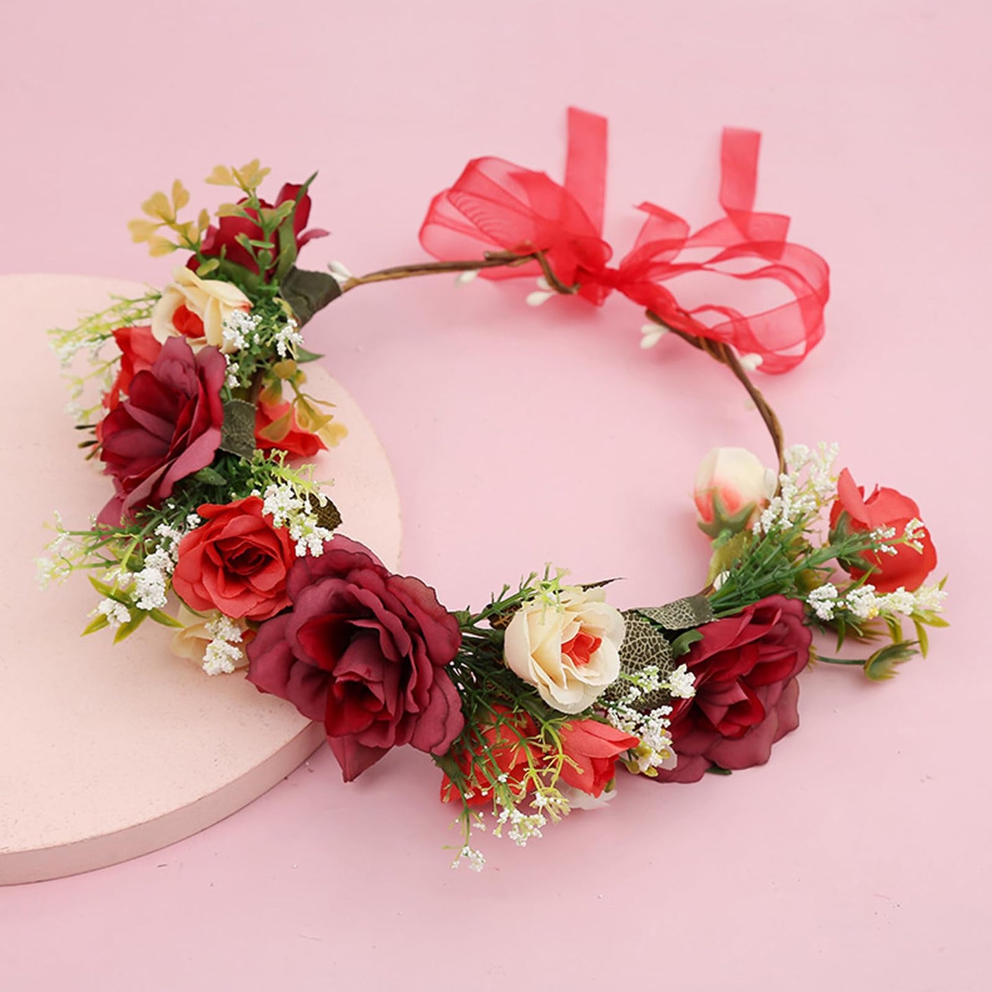 Lopsity Women Rose Floral Flower Crown Headband Rose Halo Wreath Wedding Bridal Hair Garland Ajustable Flower Hair Wreath (RED)