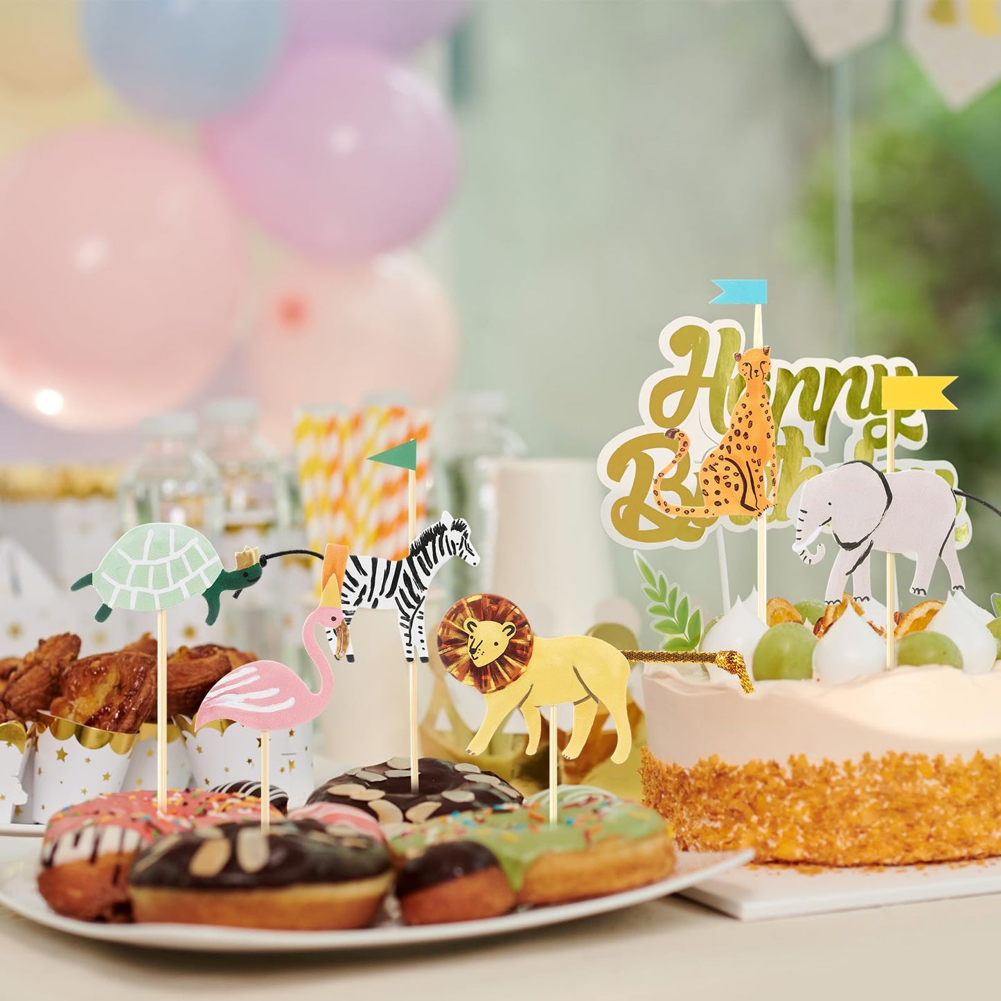 Reallnaive 36 Set Safari Cupcake Toppers Animals Cupcake Kit Safari Woodland Jungle Party Supplies for Jungle Theme Baby Shower Zoo Wild Animal Birthday