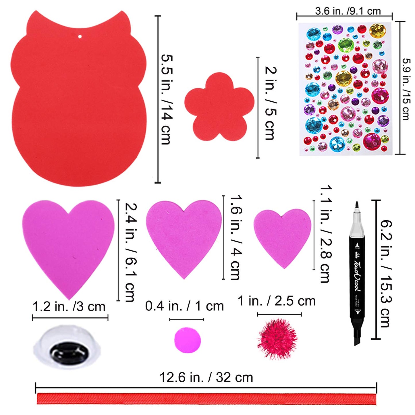 Winlyn 24 Sets Valentine Decorations DIY Heart Owl Ornaments Valentine Craft Kit Valentine Owl Art Sets Hearts Foam Valentine Stickers for Kids Valentine's Day Party Classroom Activities Gift Exchange
