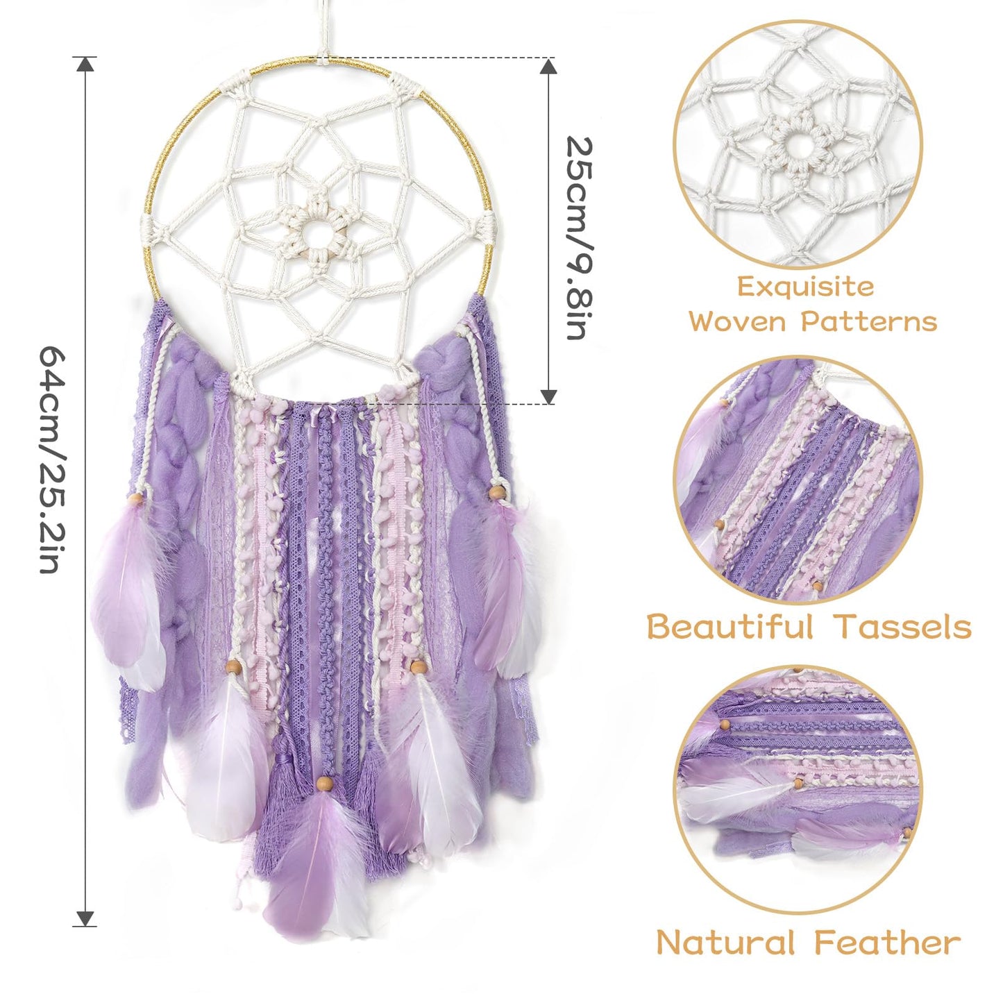 LOMOHOO Large Dream Catcher Handmade Feather Dreamcatcher, Traditional Dream Catchers with Woven Tassels Boho Wall Hanging for Girl Kids Bedroom Baby Room Home Decor Craft Ornament Gift (Purple)