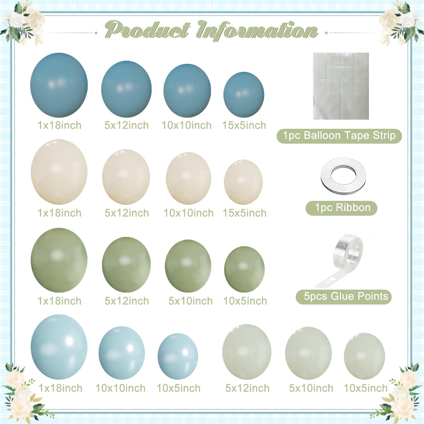 Dusty Blue Sage Green Balloon Arch Kit, 124Pcs Fog Blue Light blue Green Sand White Balloons Different Size for Baby Shower Bridal Shower Anniversary Birthday Party Decorations