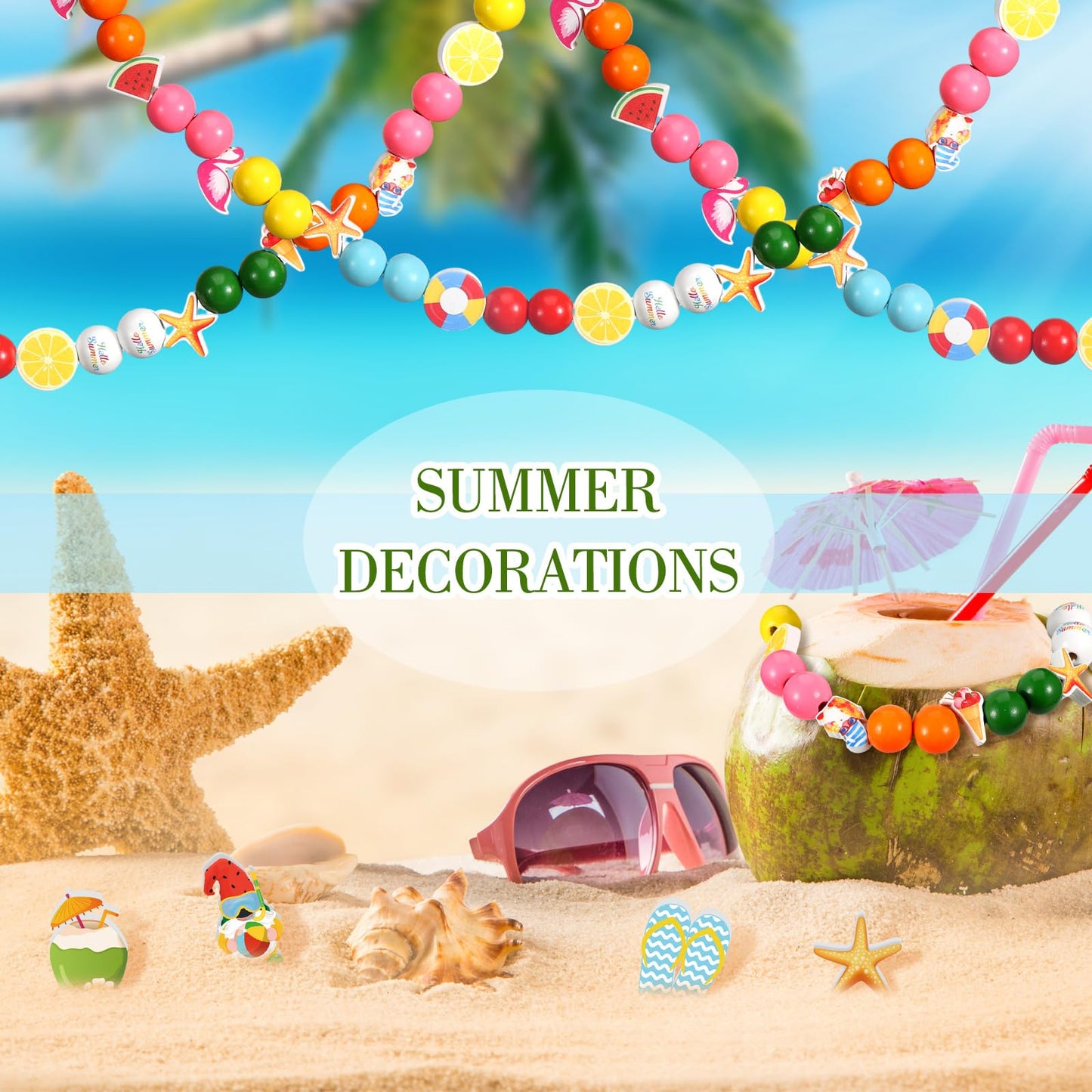 Ripeng 200 Pieces Summer Wood Beads Colored Wooden Beads Tropical Craft with Flamingo Palm Leaves Beach Hawaii Summer Bulk for DIY Garland Making