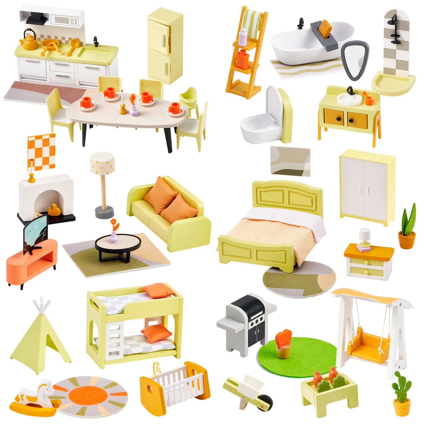 Giant bean 85pcs Wooden Plastic Dollhouse Furniture Set for 6 Rooms, Modern Dollhouse Accessories Pretend Play Furniture Toys for Boys Girls Toddlers & Kids 3 4 5 6 7 Years and up