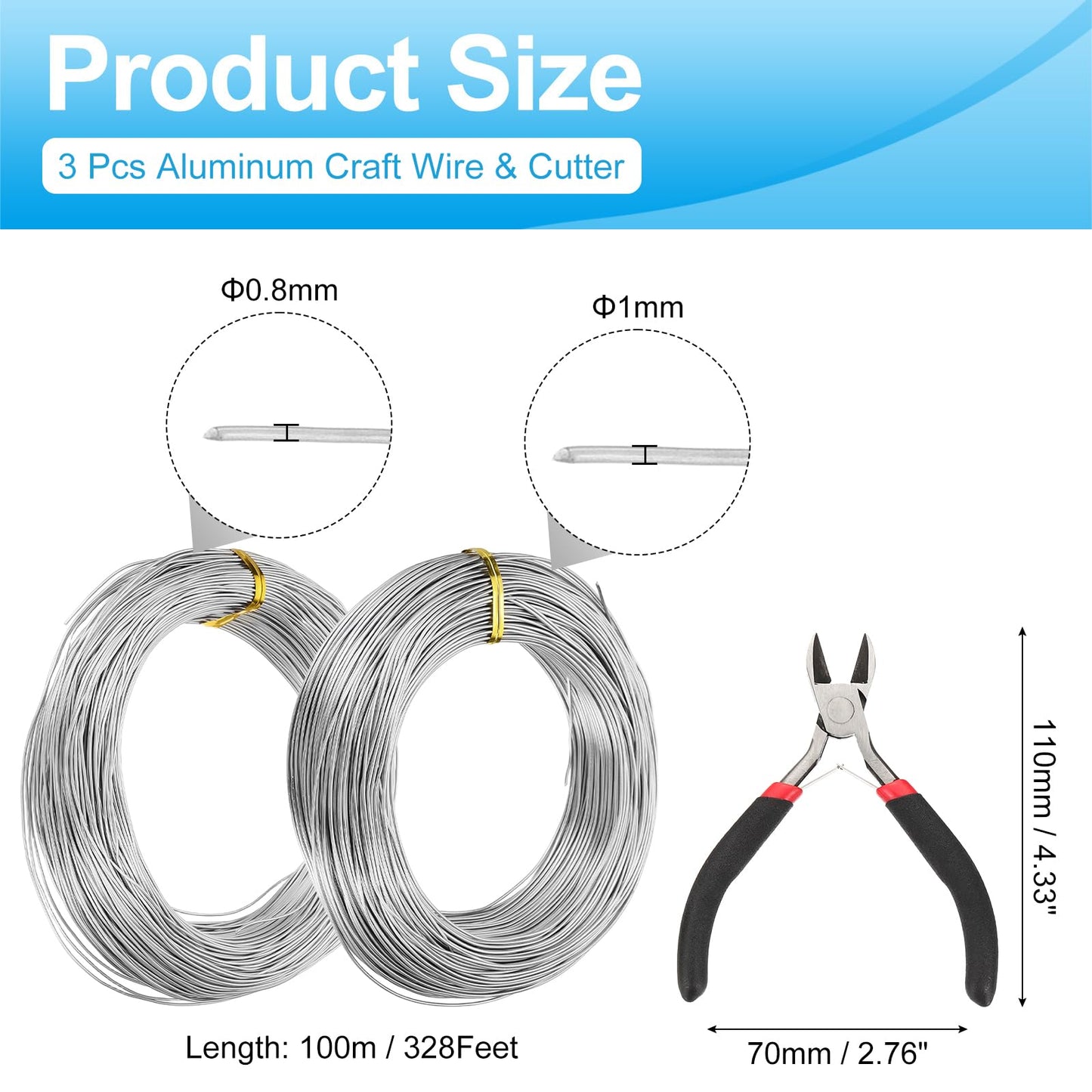 MECCANIXITY 328 Feet Aluminum Craft Wire, 20/18 Gauge (0.8/1mm) Sculpting Metal Armature Craft Wire for DIY Jewelry Making Beading Floral with Cutter Silver, 3 Pcs