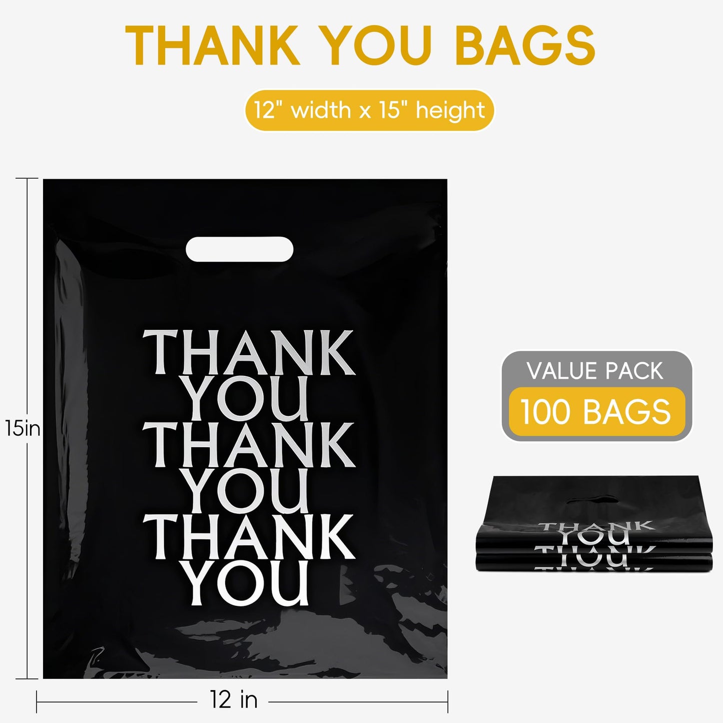 POPGIFTU Black Thank You Bags 12x15, 100 PCS Plastic Shopping Bags with Handles, Boutique Retail Bags for Small Business, Merchandise Gift Bags Bulk