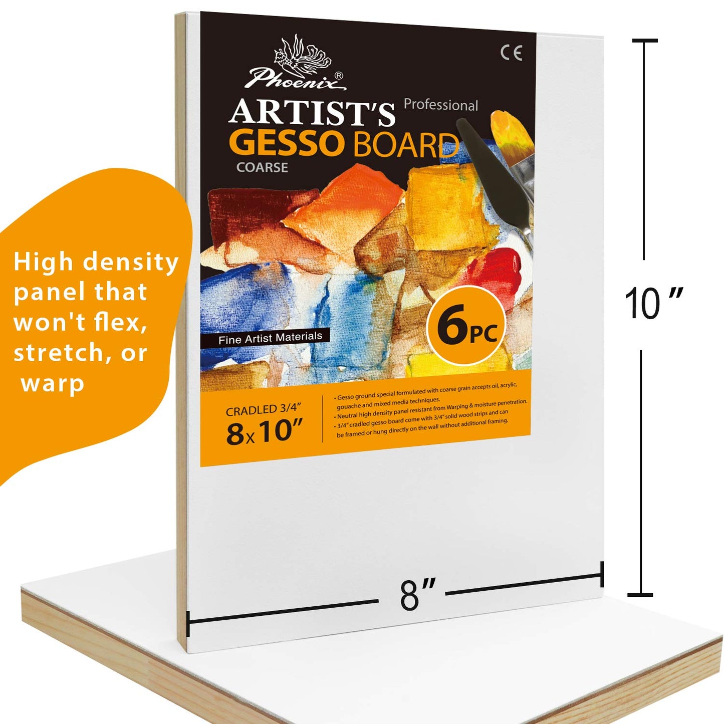 PHOENIX Gesso Boards for Painting - 8x10 Inch / 6 Pack - Coarse Surface 3/4 Inch Cradled Wood Panels for Oil & Acrylic Paints, Crafts & Pouring Art