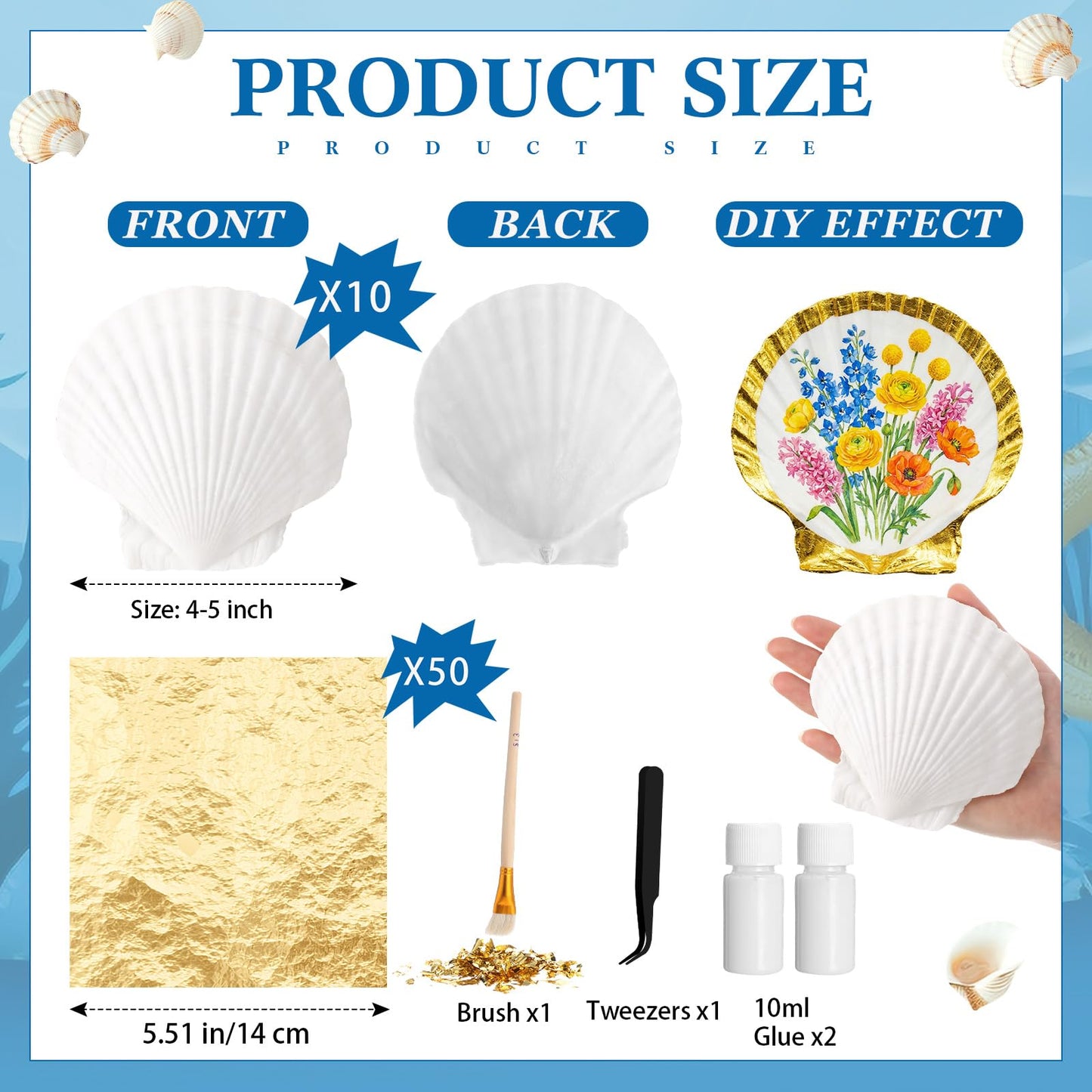 BreezeHug 10 Pcs Large Scallop Shells for Crafts 4-5 Inch White Seashells Bulk for Gold Leaf Crafts DIY Painting Baking Ocean Themed Party Supplies & Decorations with Adhesive Brush Tweezers