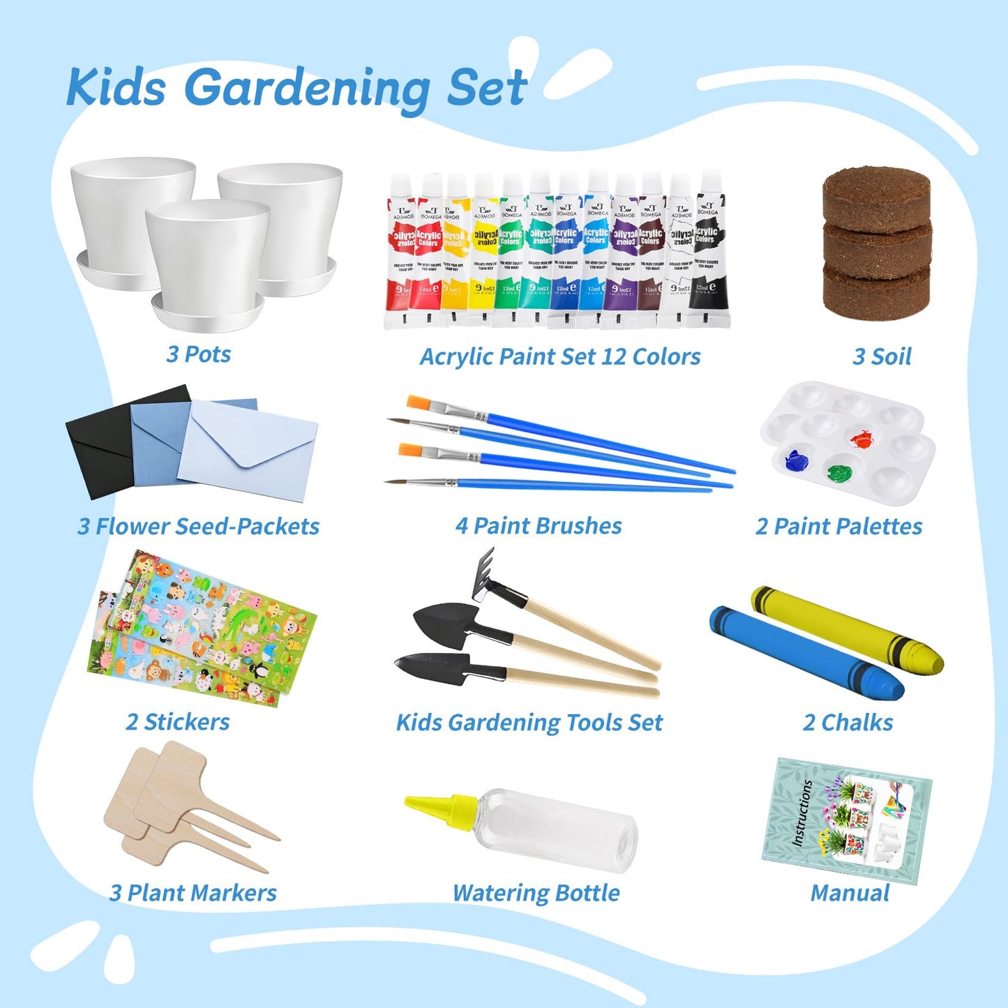 Kids Gardening Set Paint and Plant Flower Gardening Kit with 3 Pots, Kids Garden Flower Growing Kit Arts and Crafts Toys Gifts for Girls Boys Children Toys Gift for Girls Boys Ages 5 6 7 8 9 10 11 12