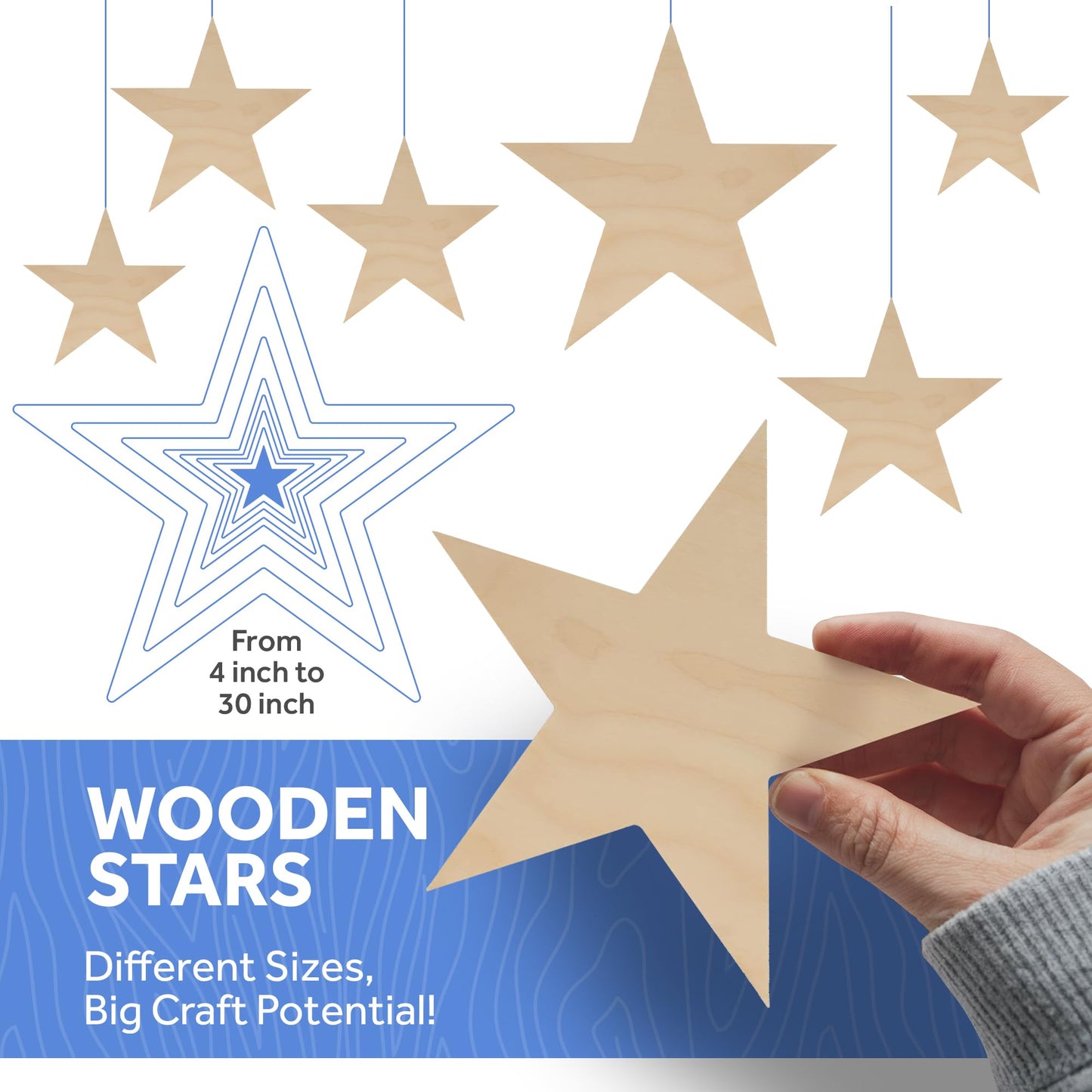 Wooden Star Shapes, 12 Inch Large Patriotic Natural Wood Cutouts, Bag of 3, Unfinished DIY Craft Wall Decor by Woodpeckers