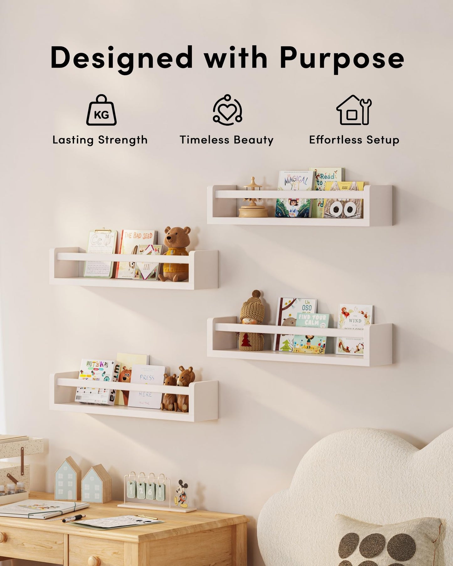 Onlysky Set of 4 Wall-Mounted Kid's Bookshelf - White Floating Nursery Book Shelves - Durable Wood Construction - Ideal for Nursery Decor, Kids Room, Toy Storage