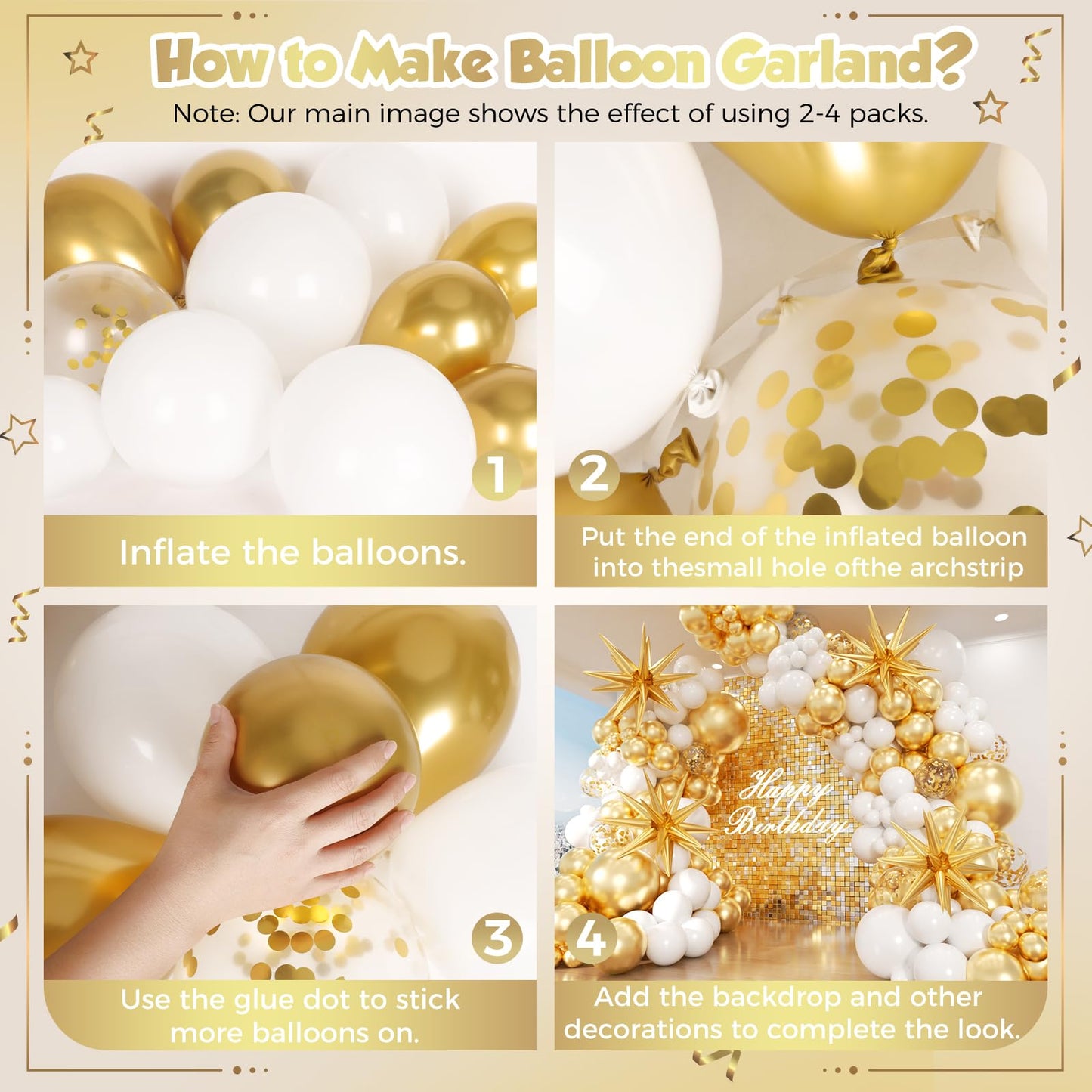 PTGOLUO White and Gold Balloon Arch Garland Kit 153pcs with Star, 22 18 12 10 5in Different Size White Metallic Gold Confetti Latex Balloons for Birthday Anniversary Wedding Baby Shower Decoration