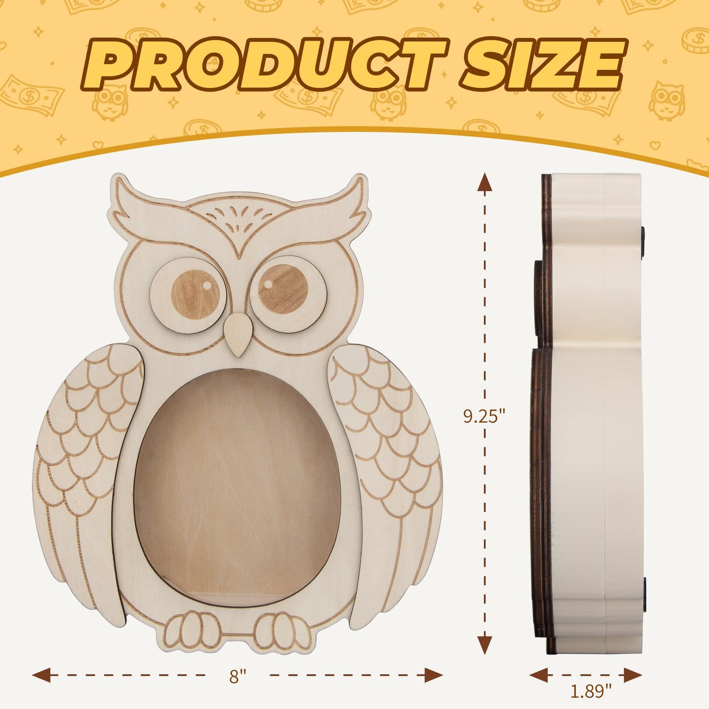 Owl Piggy Bank for Kids, Paint Your Own DIY Owl Bank with Clear Window, Wooden Savings Box for Coins and Bills, Room Decor Gift