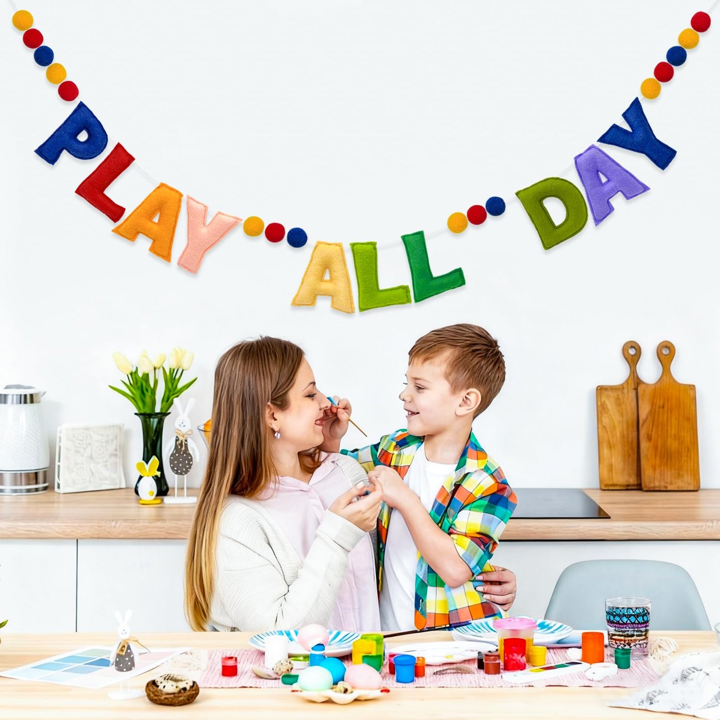 Pre-Strung Retro Play All Day Felt Banner Reusable Play Sign Play All Day Wall Hanging Felt Garland for Kids Nursery Playroom Wall Decor Boys Girls Playhouse Decor Toy Room Classroom Decoration