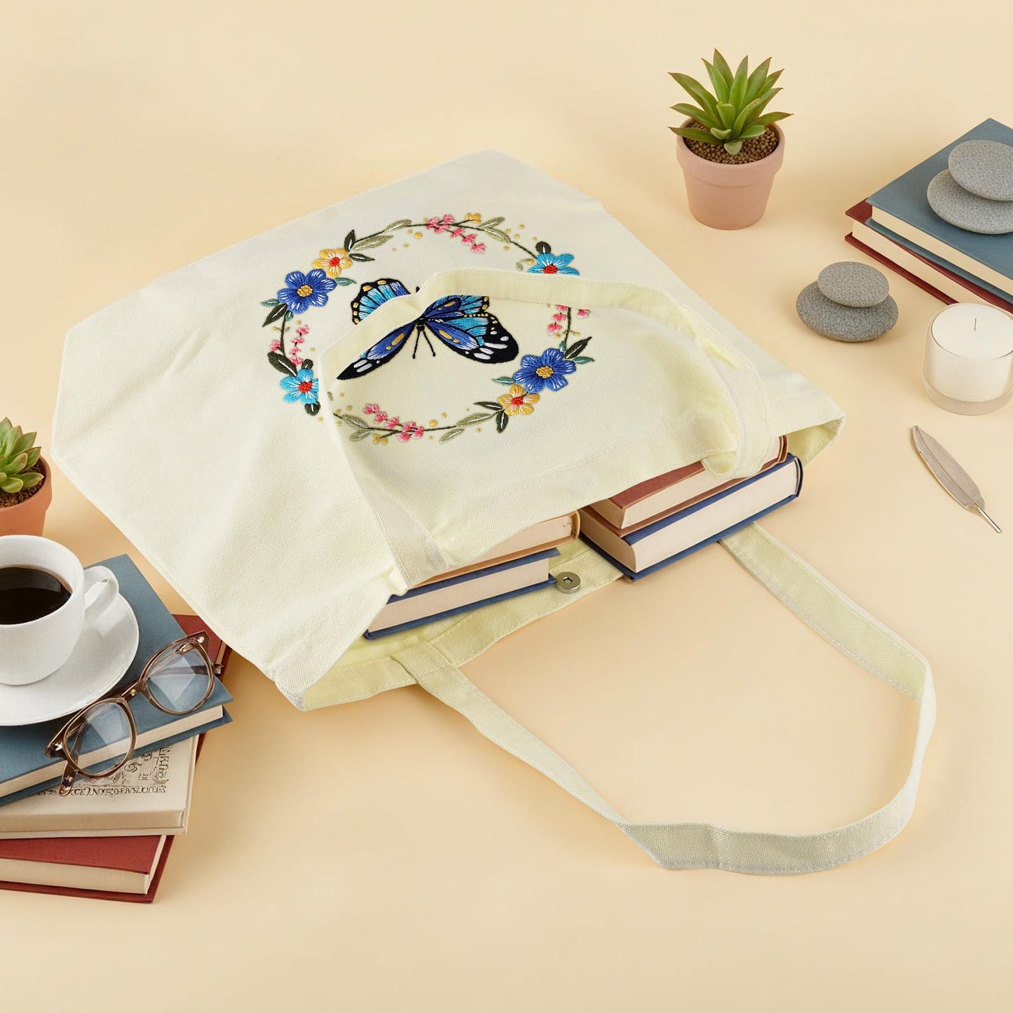 ERKOON Canvas Tote Bag Embroidery Kit for Beginners, Floral Arts Crafts Cross Stitch Kits for Adults Including Stamped Embroidery Bag with Hoops, Needle, Instruction and Color Threads (Butterfly)