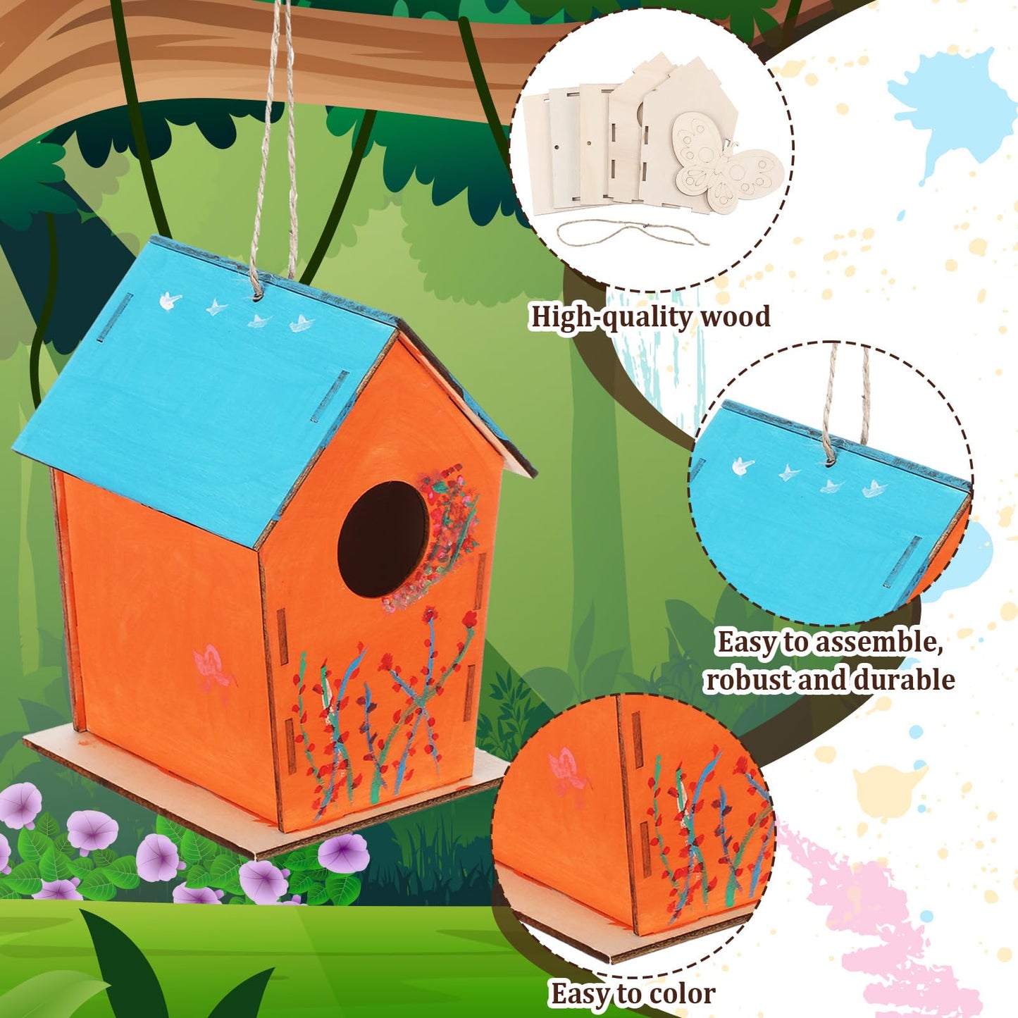 DoubleFill 24 Pack Wooden Bird Houses Bulk, Butterfly Wood Chips for DIY Unfinished Hanging Birdhouse Kits, Wooden Craft Houses to Paint VBS Craft Family Crafts Party Favor