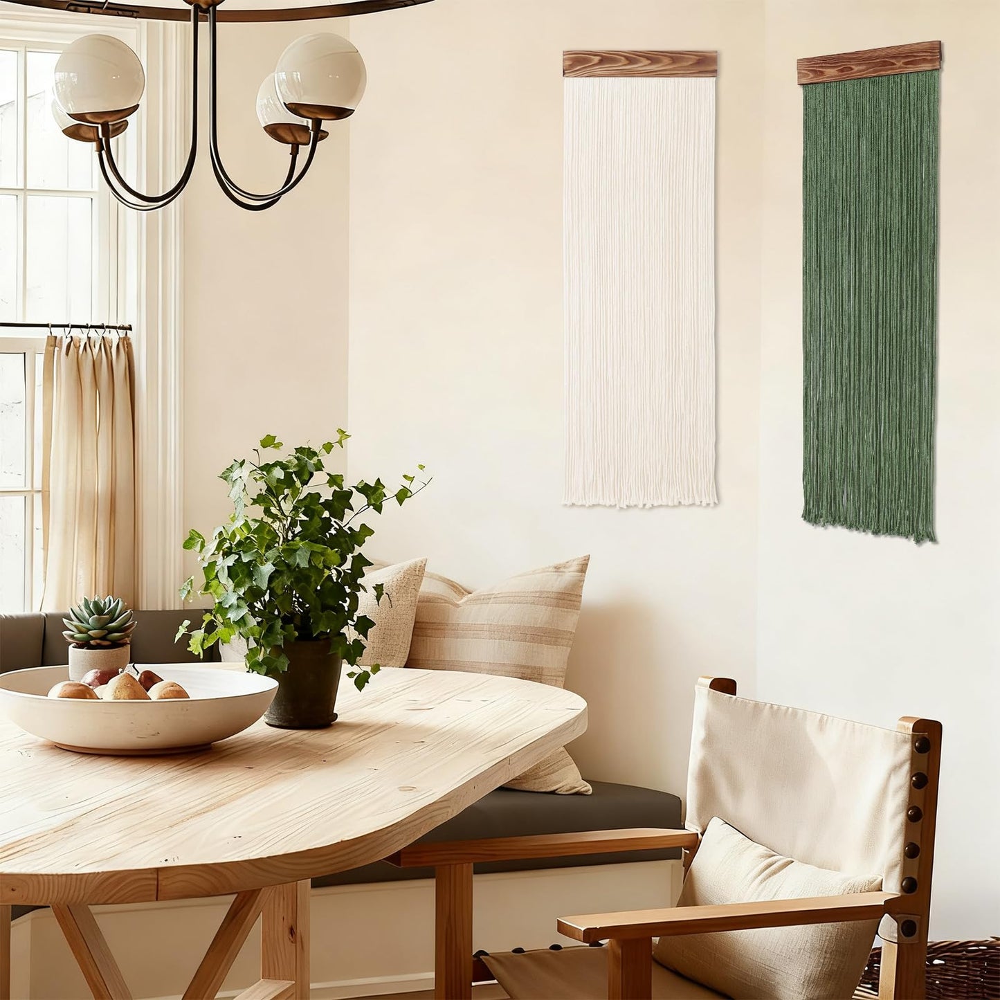KHOYIME Macrame Wall Hanging Boho Chic Home Decor, 2PCS Bohemian Green Beige Tassel Yarn Tapestry Modern Handmade Large Wall Art Decorations for Living Room Bedroom Nursery Backdrop 11.8''W x 36''L