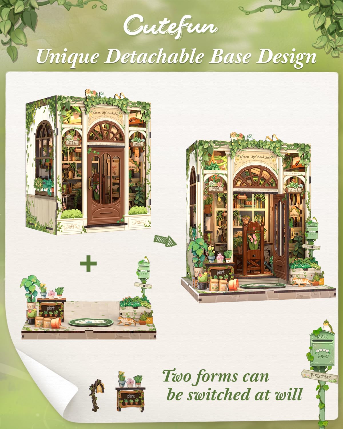 Cutefun Book Nook Kit - DIY Miniature Dollhouse Booknook Kit for Adults and Teens, 3D Wooden Puzzle Bookshelf Insert Decor with LED Light, Gifts for Book Lovers and Beginners (Green Life Bookshop)