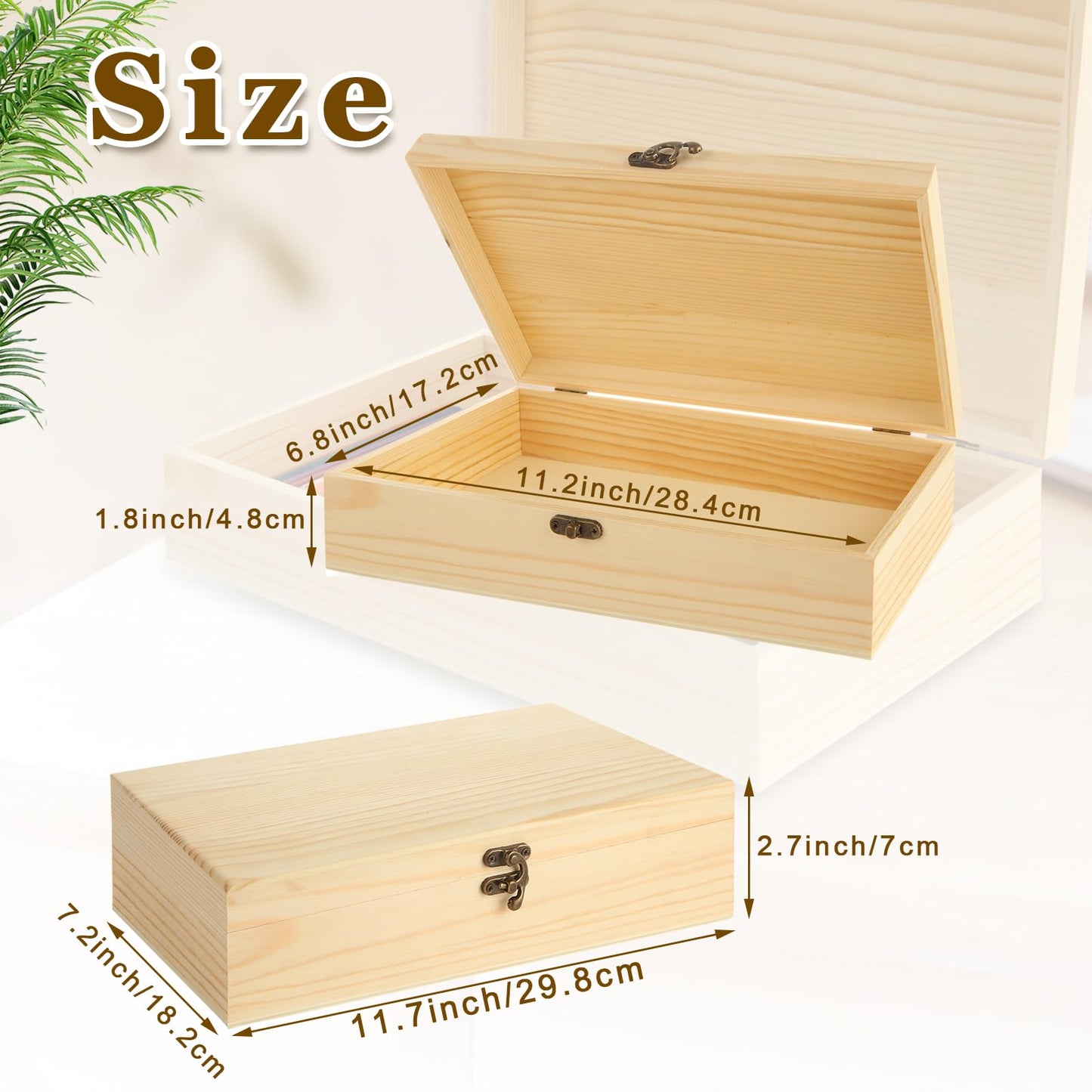 LANIAKEA 2PCS Unfinished Wood Box, 12" x 7.2" x 3" Wooden Box for Crafts, Wooden Box with Hinged Lid, Large Wooden Box for DIY Craft Art Hobbies and Home Storage