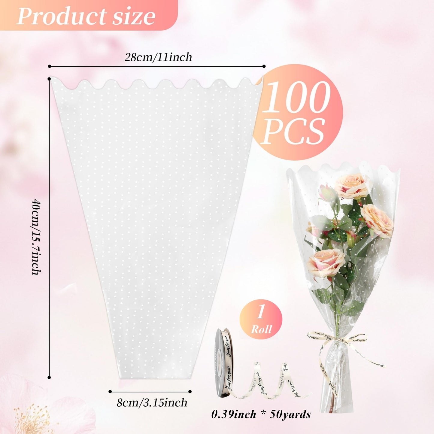 CHAQiWi Clear Cellophane Flower Bags with Star Pattern, 100 Count Bouquet Wrapping Sleeves with Ribbon, 11x3x16 Inch, for Flower Bar Supplies Wedding Birthday Mother's Day
