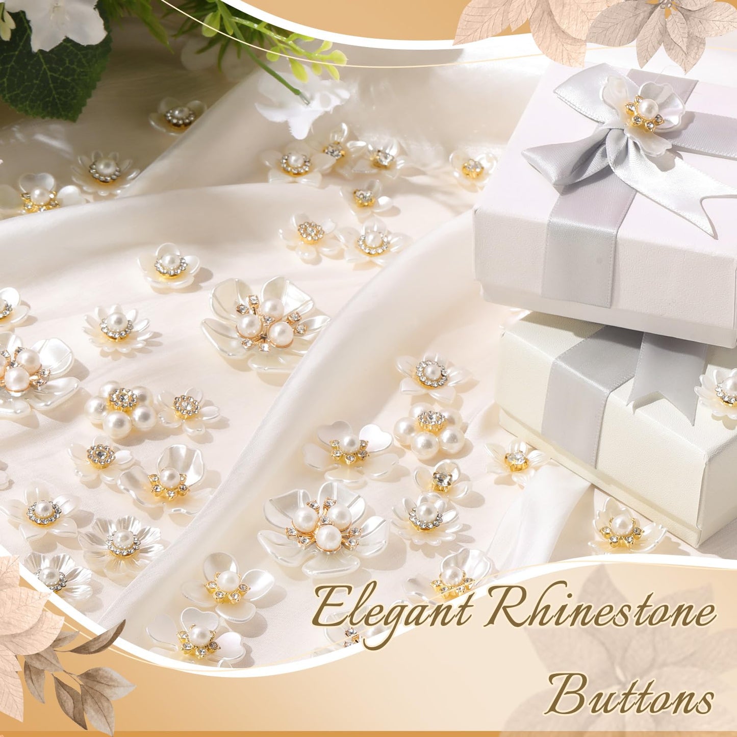 Janinka 140 Pcs Rhinestone Buttons Faux Pearl Buttons Flat Back Flower Embellishments for Jewelry Making DIY Craft Wedding Hair Bouquet Home Decoration Party Accessory (Floral,White)