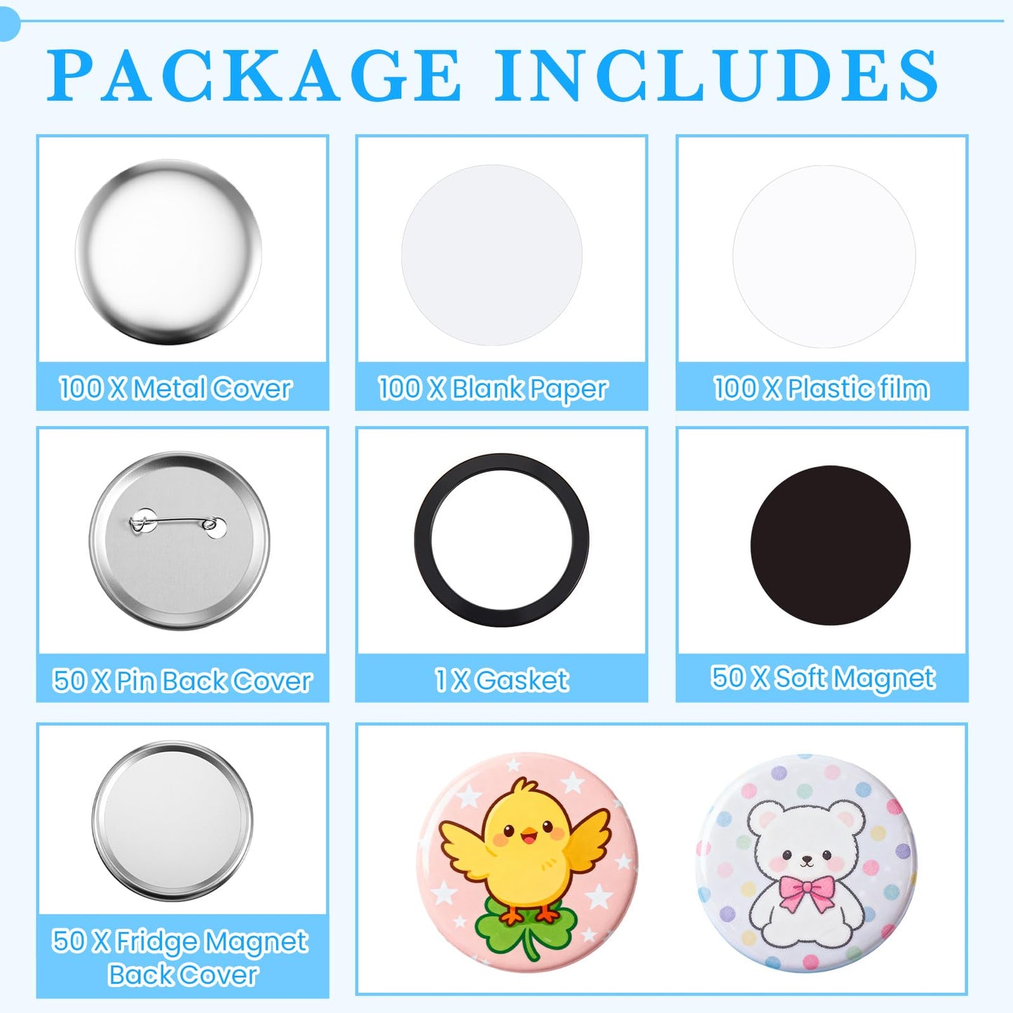 Wavwavw 100 Sets 58mm/2.25 Inch Round Button Maker Supplies, 50 Pcs Blank Fridge Magnet Badge Parts and 50 Pcs Pin-Back Badge Parts Press for Square Button Maker Machine, DIY Gift Crafts