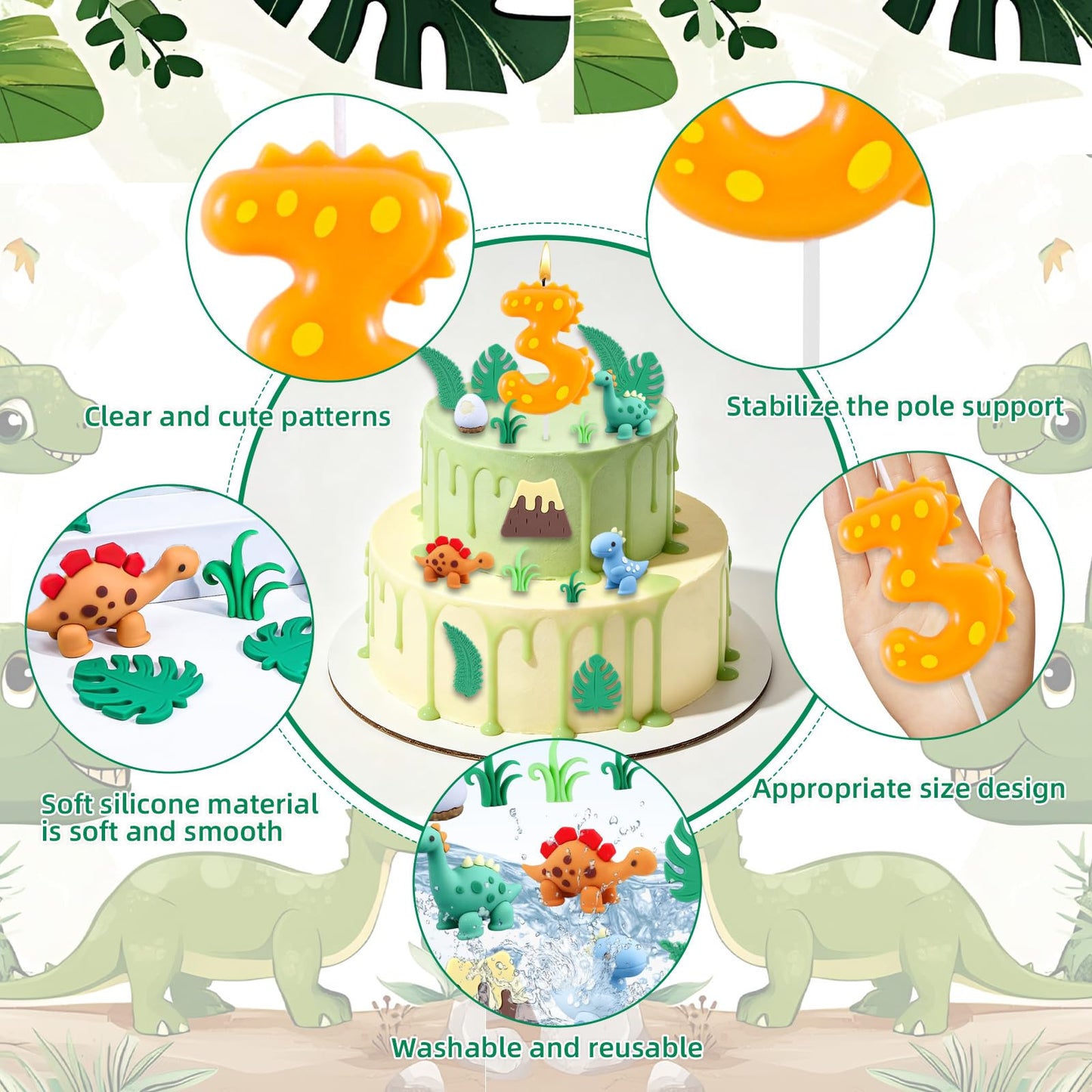 Dinosaur 3rd Birthday Cake Decorations - 15Pcs Dinosaur Cake Toppers with Number 3 Candle, Perfect for Boys Kids 3 Year Old Dinosaur Themed Party Supplies