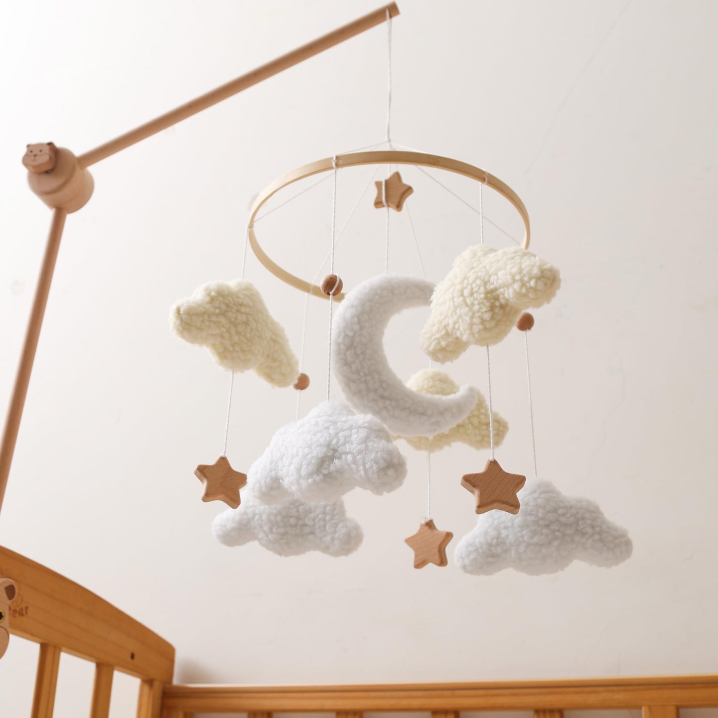 Baby Mobile for Crib – Handmade Moon & Cloud Baby Crib Mobile with Plush Sherpa Texture, Nursery Mobiles Felt Hanging Toy with Beech Wood Ring, Mobile for Crib Neutral Bassinet Baby Decor Gift