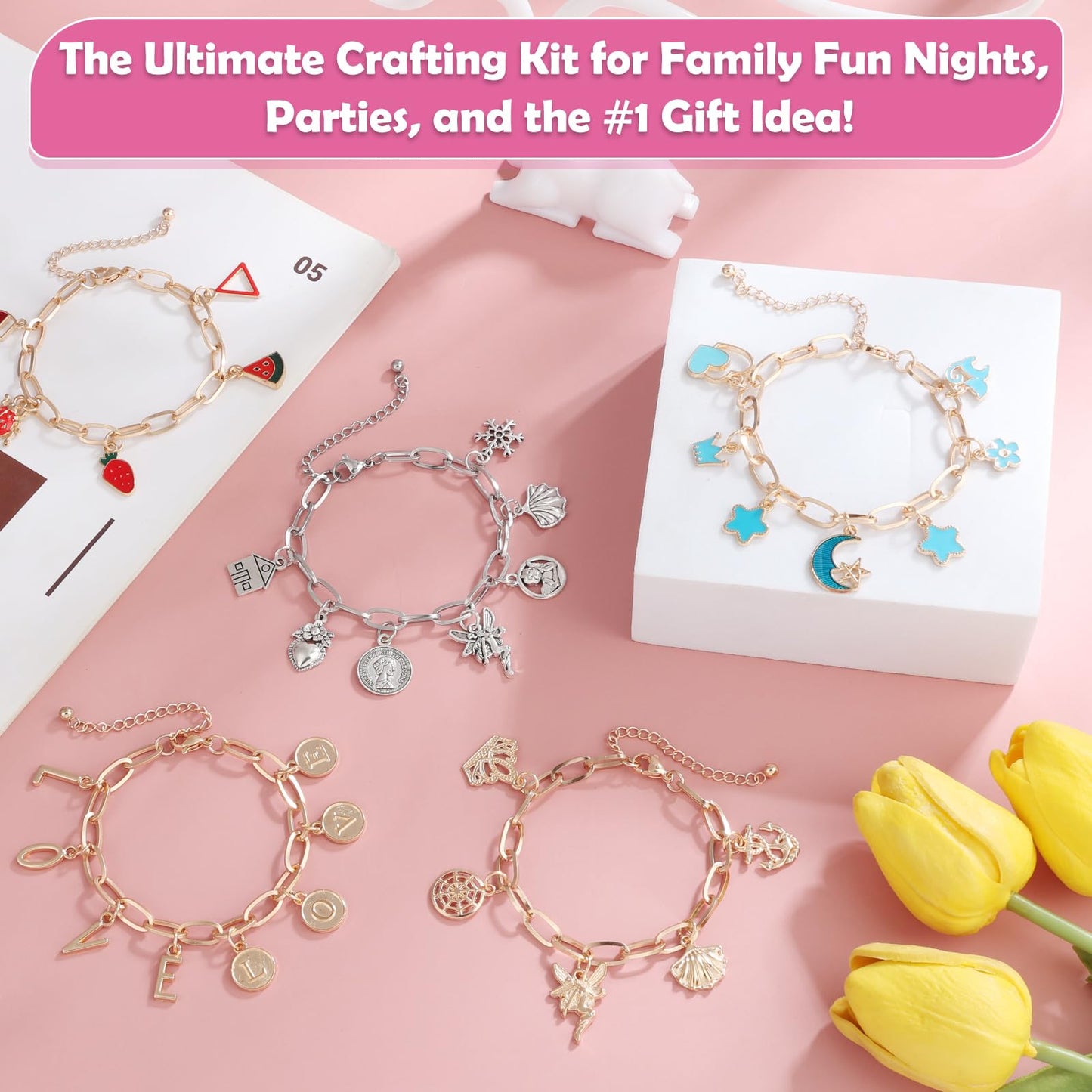 Charm Bracelet Making Kit for Adults & Teens, 477Pcs DIY Charm Bracelet Set with Gold & Silver Charms, Paperclip Chain Bracelets, Alphabet Charms, Complete Jewelry Making Supplies for Crafting