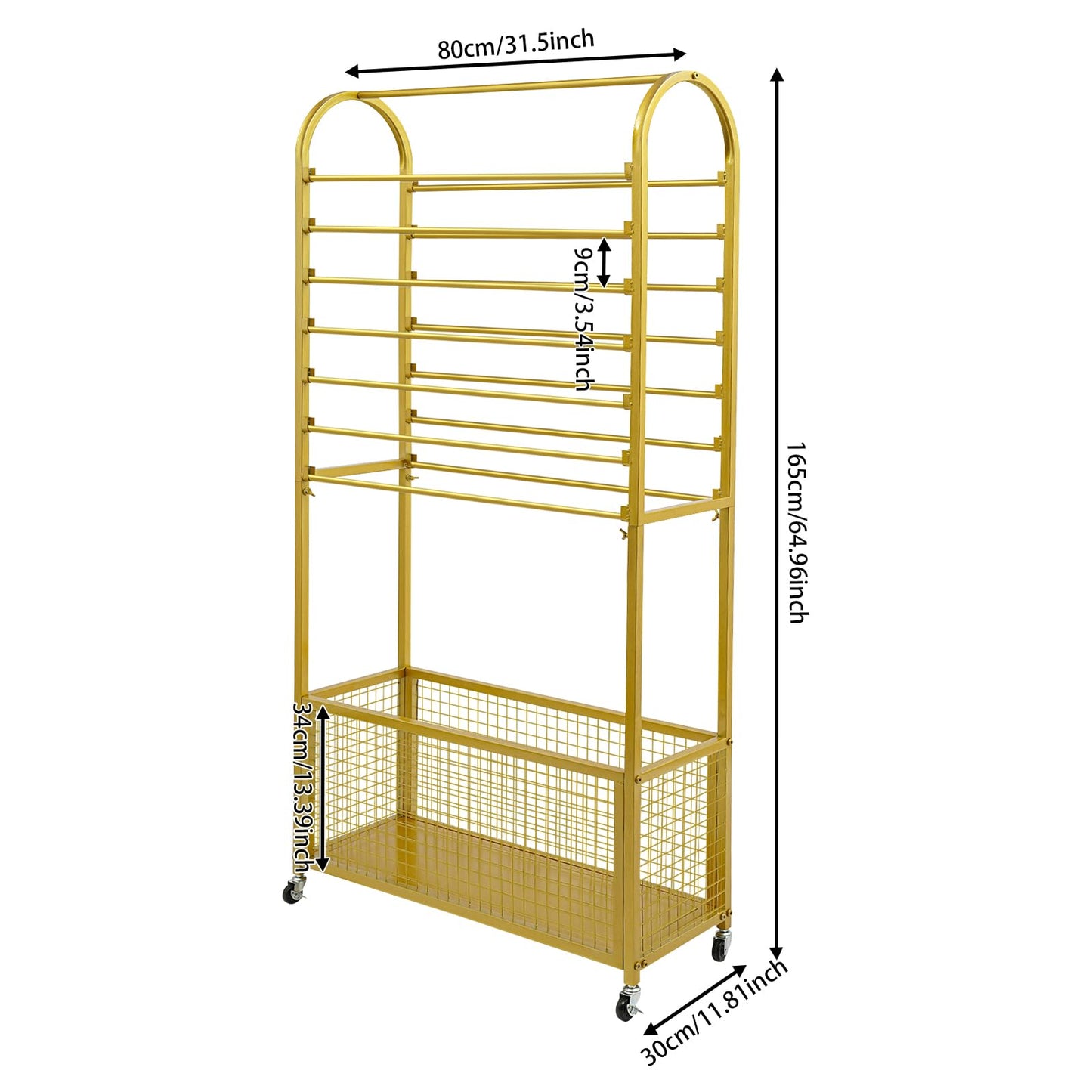JOMCYDM Black Double-Sided Vertical Ribbon Holder Organizer Rack with Wheels 15 Rod Metal Ribbon Storage Organizer Rack for Fabric Craft Room Wrapping Paper (Gold)