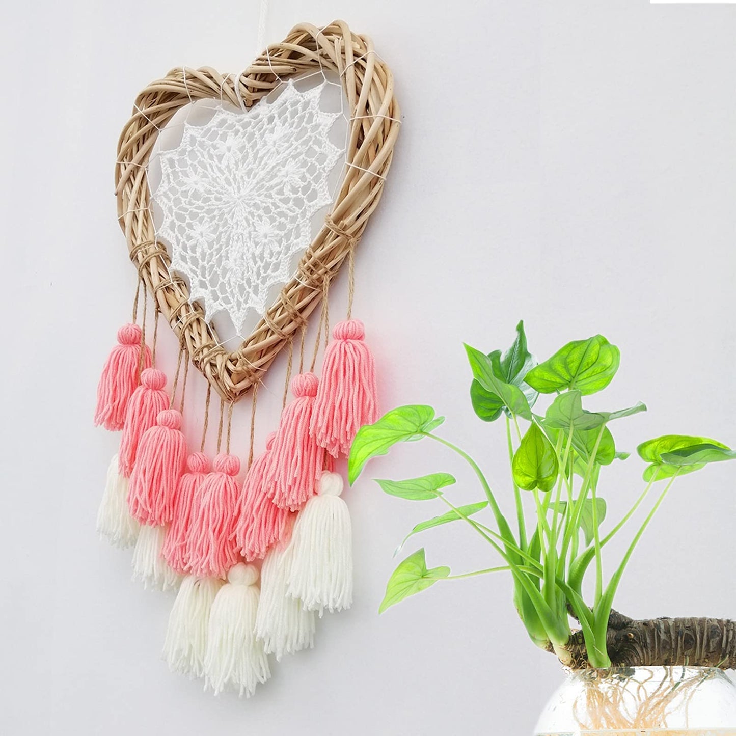 LVOPO Wall Hanging with Pink Tassels, Boho Baby Girls Room Wall Decor, Kids Nursery Decoration, Handmade Rattan Woven & Soft Cotton Cute Wall Art Backdrop, Chic Birthday Gift
