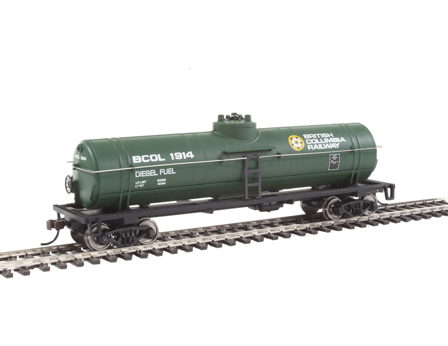 Walthers Trainline Tank Car-Ready to Run-British Columbia Railway (Green, Yellow, White; Dogwood Logo) 931-1441 HO Scale Model Railroad - Freight Model