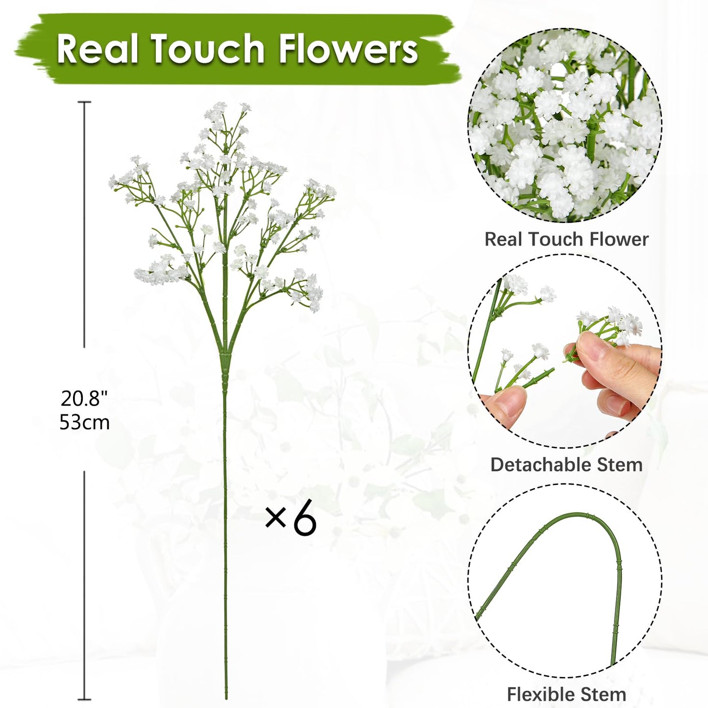 DILATATA 6pcs Artificial Baby’s Breath Flowers, 20" White Silk Gypsophila, Wedding Bouquet, DIY Floral Arrangements, Home Decor, Party Centerpieces, Craft Supplies