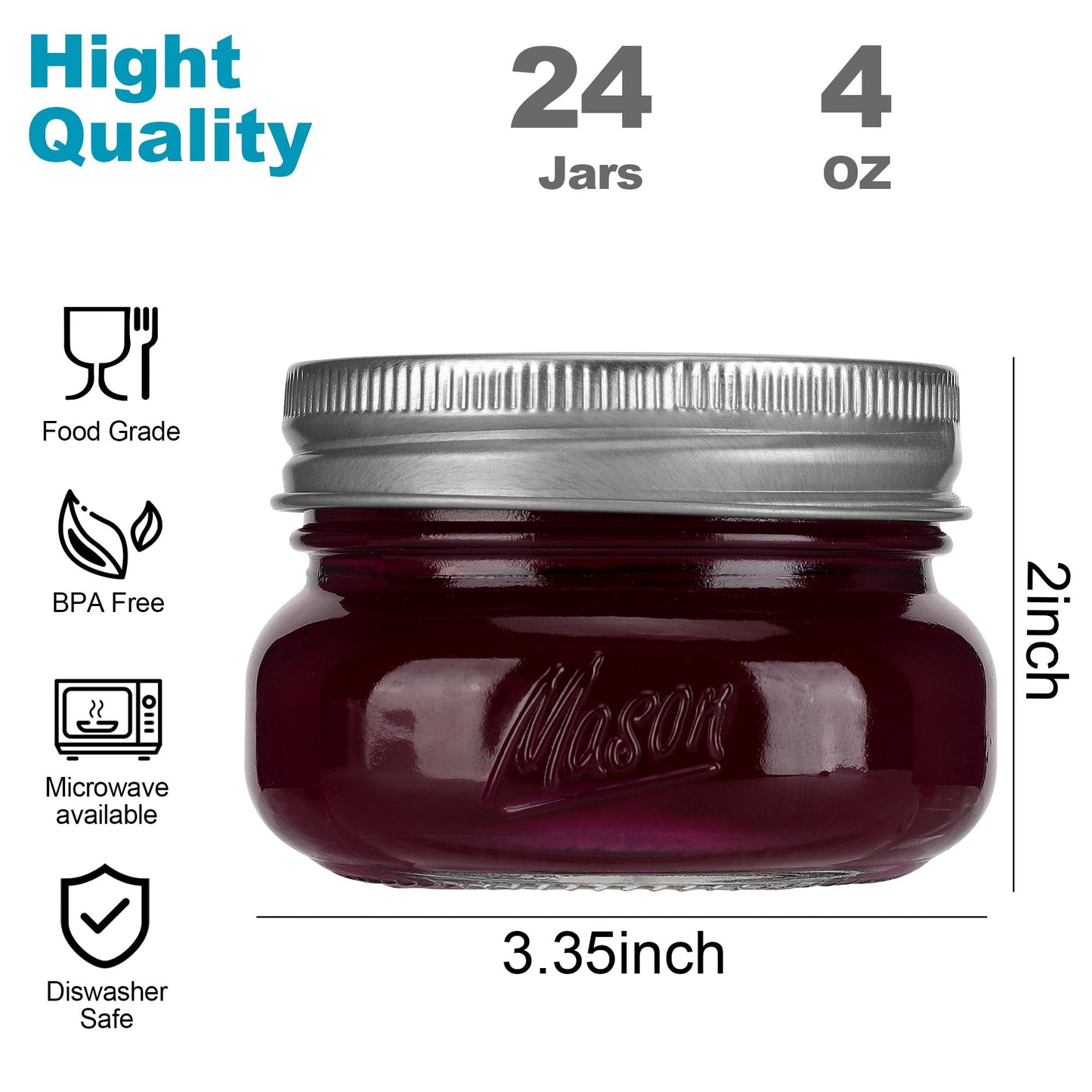 Mason Jars 4oz - 24Pack Glass Jars with Leak Proof & Food Grade Canning Jars for Spices, Dry Food Storage & DIY Crafts, Perfect for Home Cooks, Meal Prep, and Crafting Enthusiasts