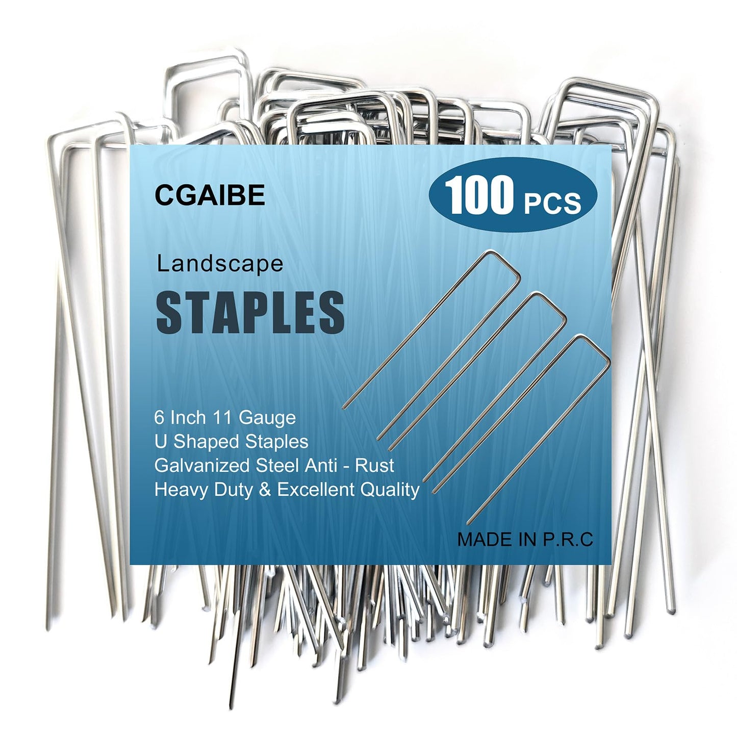 CGAIBE Galvanized Landscape Staples, 100 Pack 6 Inches Garden Lawn Stakes 11 Gauge U-Shaped Yard Turf Fabric Sod Pins for Weed Barrier Christmas Decorations Ground Cover Fabric