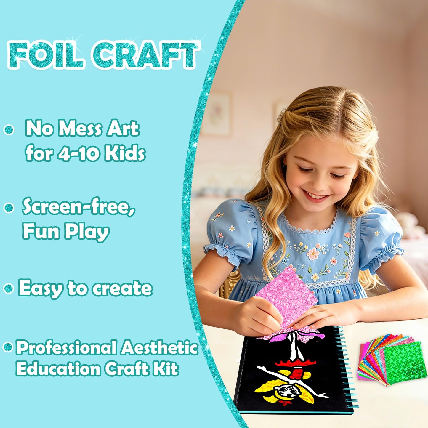 FUNNYB&G Foil Art Craft Kit for Girls 4-10 Years Old: Mess-Free & No-Glue, Create 16 Sparkly Fairy Pictures – Perfect Travel Toy & Birthday Gift for Kids（Fairy）