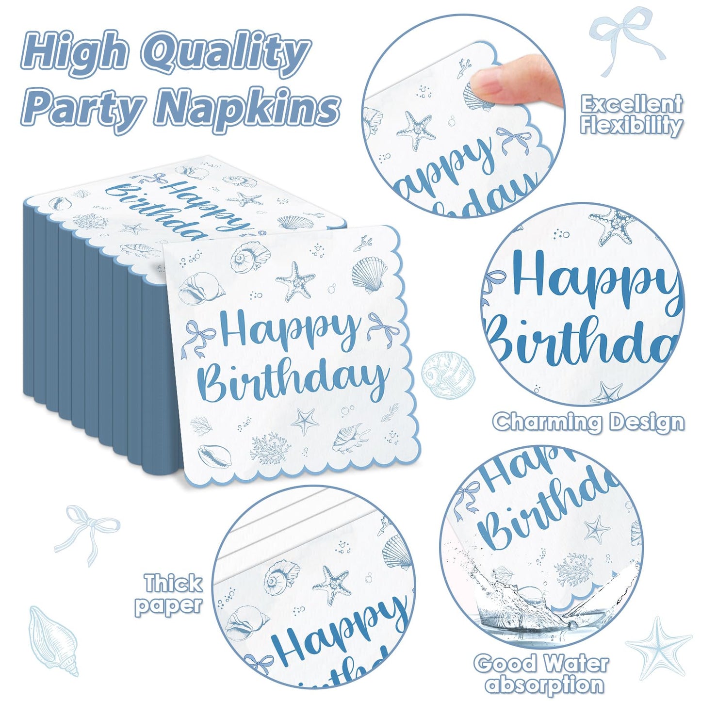 96PCS Coastal Beach Birthday Plates and Napkins Blue Bow Seashell Birthday Party Supplies Disposable Ocean Seashell Bow Tableware Set for Summer Beach Wedding Bachelorette Baby Shower Serves 24 Guests