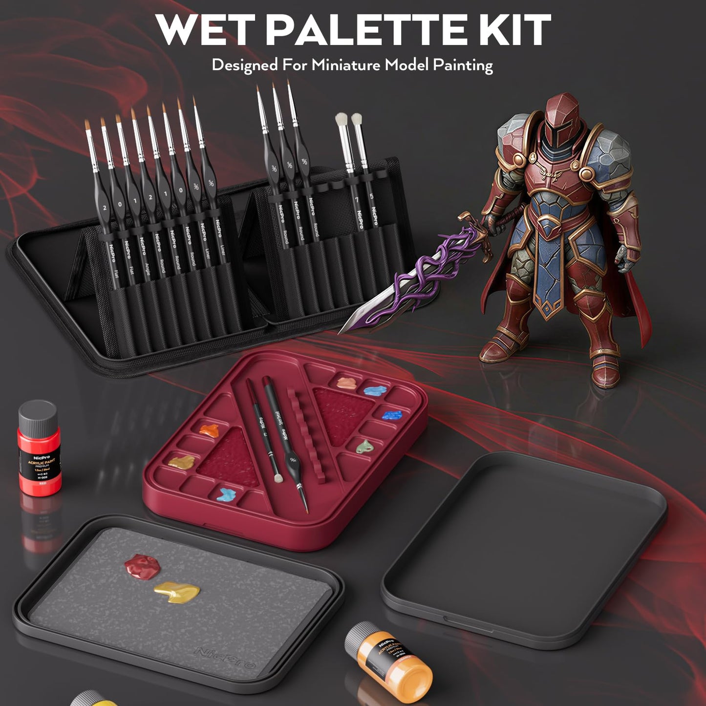 Nicpro Professional Miniature Painting Kit, Stay Wet Palette & 16PCS Detail Paint Brushes Drybrush with Nylon Bag, 100PCS Pallet Paper, 4PCS Sponge, Mixing Paint Saver Palette for Miniature Model