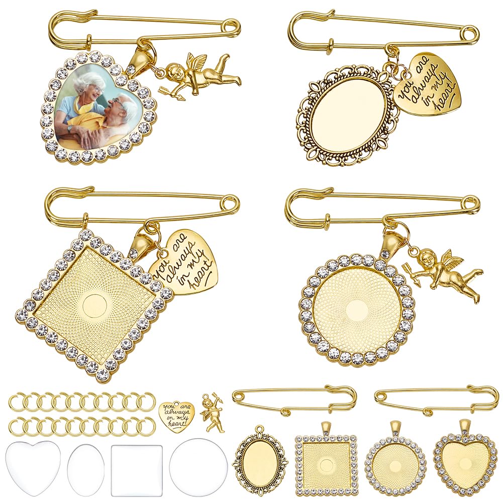 WEBEEDY 94 PCS 16 Sets Wedding Bouquet Photo Charms Gold Rhinestone Pin Brooch Making Kit Heart Oval Round Square Charms with Clear Glass Cabochons You Are Always in My Heart Charm for Wedding Gift