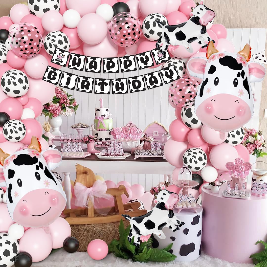 Amandir 115PCS Pink Cow Party Decorations - Balloon Garland Arch Kit with Cow Print Balloons, Happy Birthday Banner, Cake Topper for Girl Baby Shower, Farm Animals Themed Birthday Party Supplies